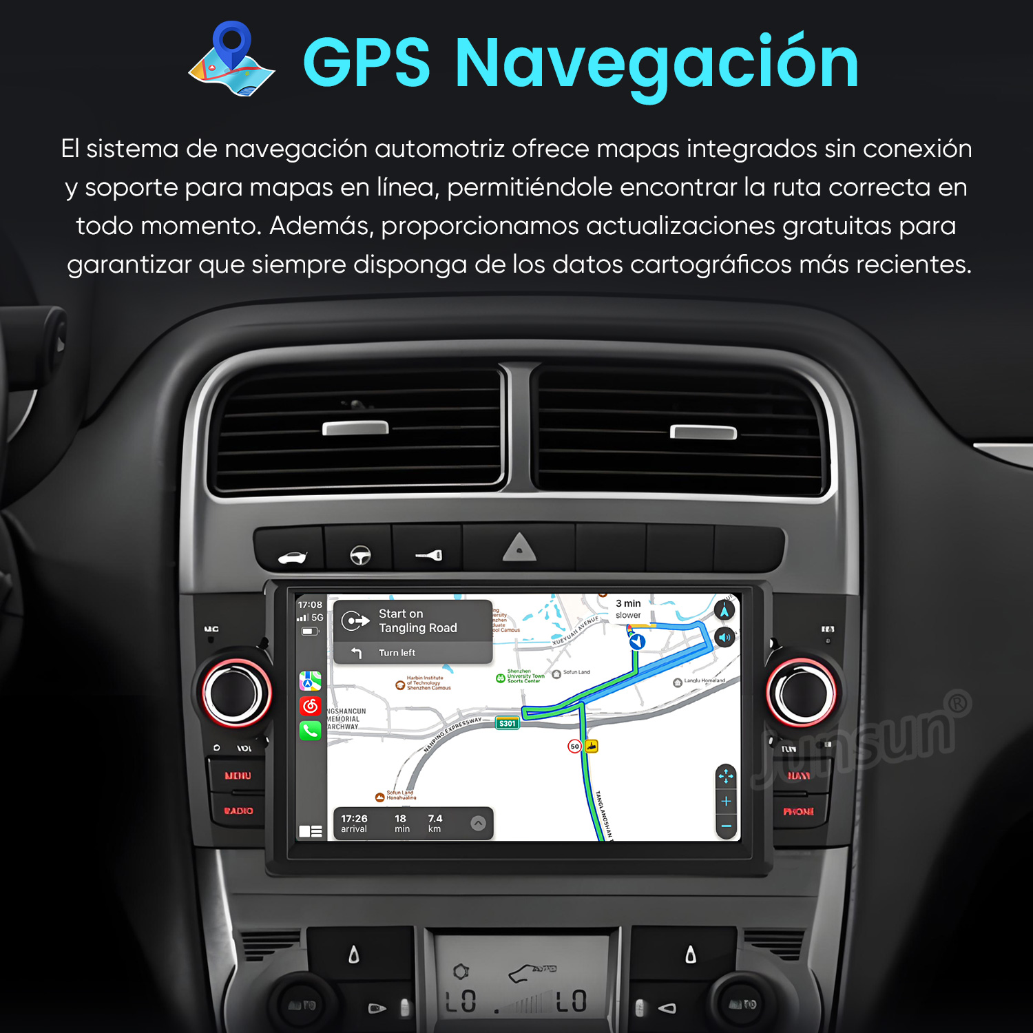 Pantalla del sistema de navegación del coche que muestra un mapa con indicaciones y botones.