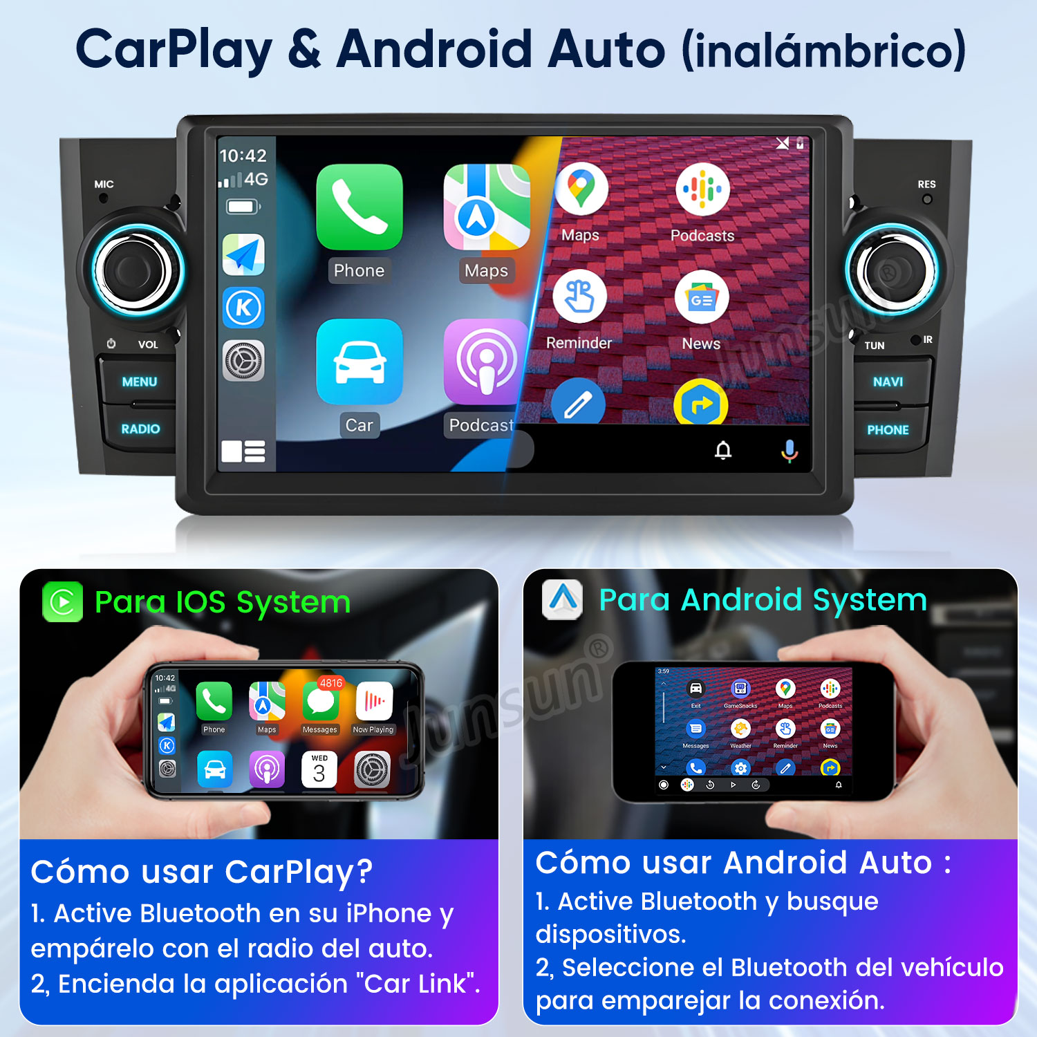 Pantalla de radio de coche con CarPlay y Android Auto. Incluye iconos de teléfono, mapas y podcasts. Muestra instrucciones de iOS y Android.