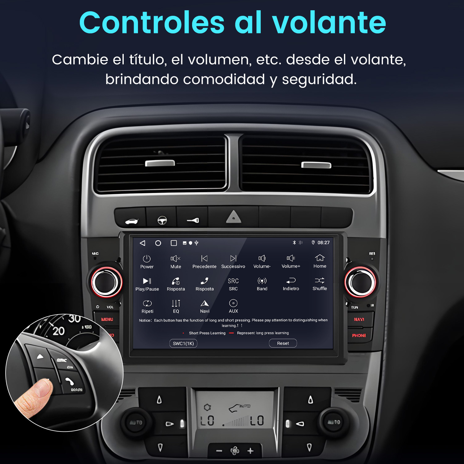 Panel del automóvil con pantalla que muestra controles, botones y una mano presionando un botón en el volante.