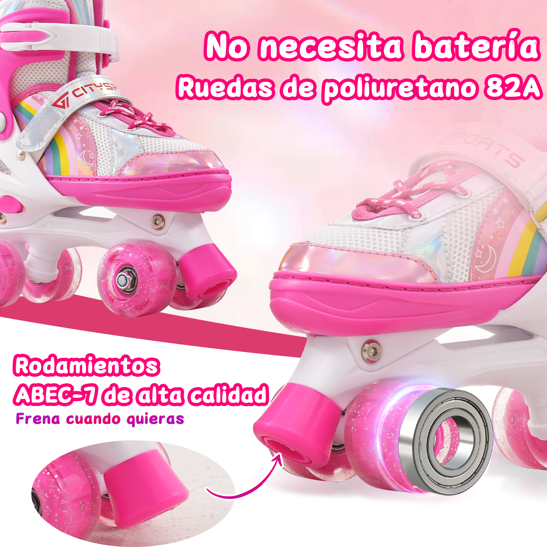 Patines rosas y blancos con ruedas brillantes y detalles de arcoíris. El texto dice 'No necesita batería'.