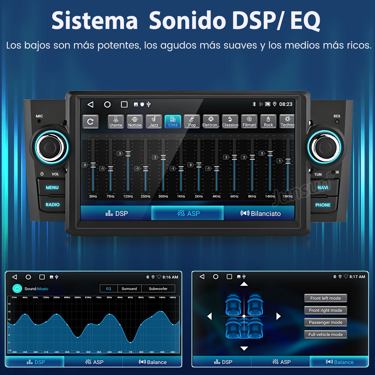 Interfaz del sistema de audio del coche con ajustes de ecualizador y varias opciones de sonido, incluidos controles DSP y balance.
