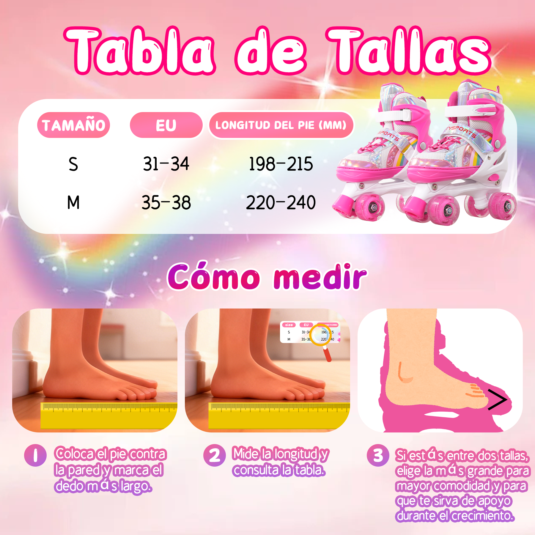 Tabla de tallas de patines rosas. Incluye instrucciones para medir el pie y guía de tallas para las tallas S y M de la UE.