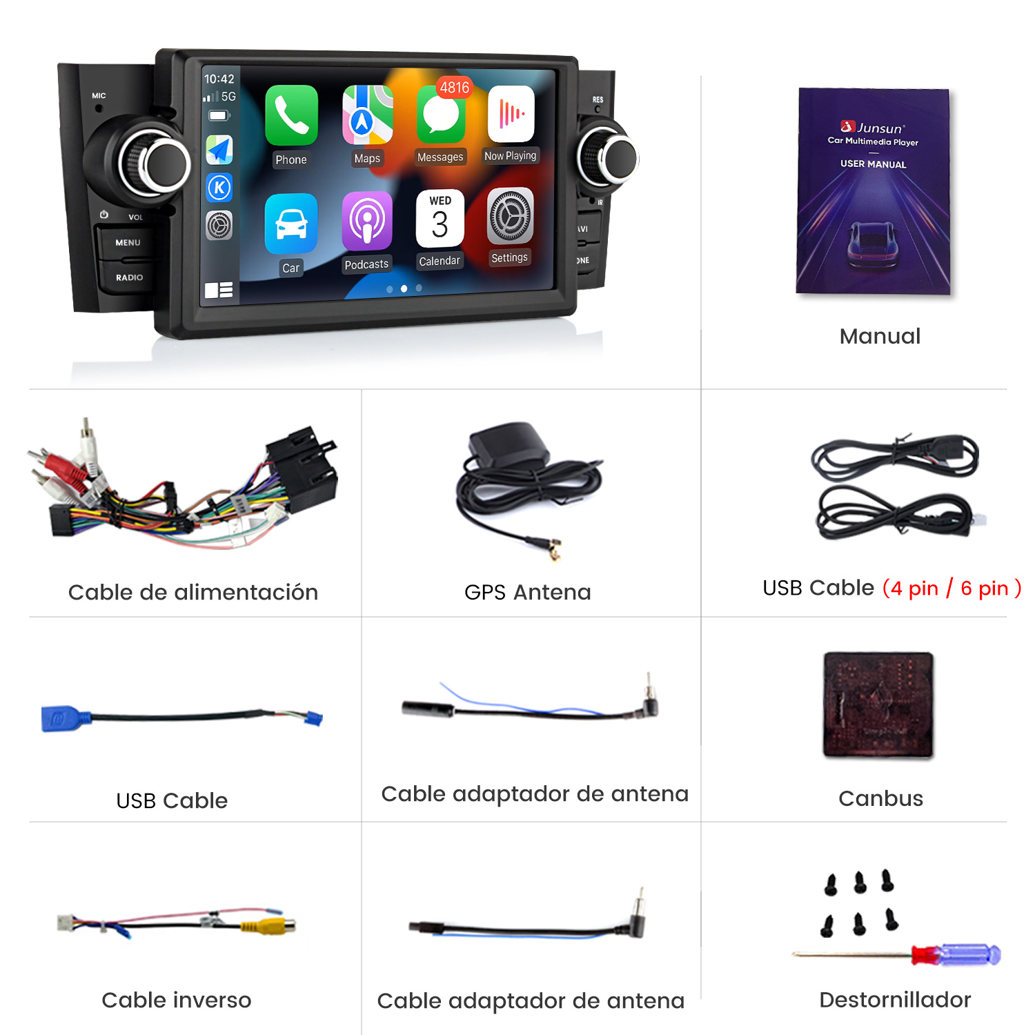 Reproductor multimedia para coche con varios cables, manual y herramientas. Incluye antena GPS, cables USB y Canbus.