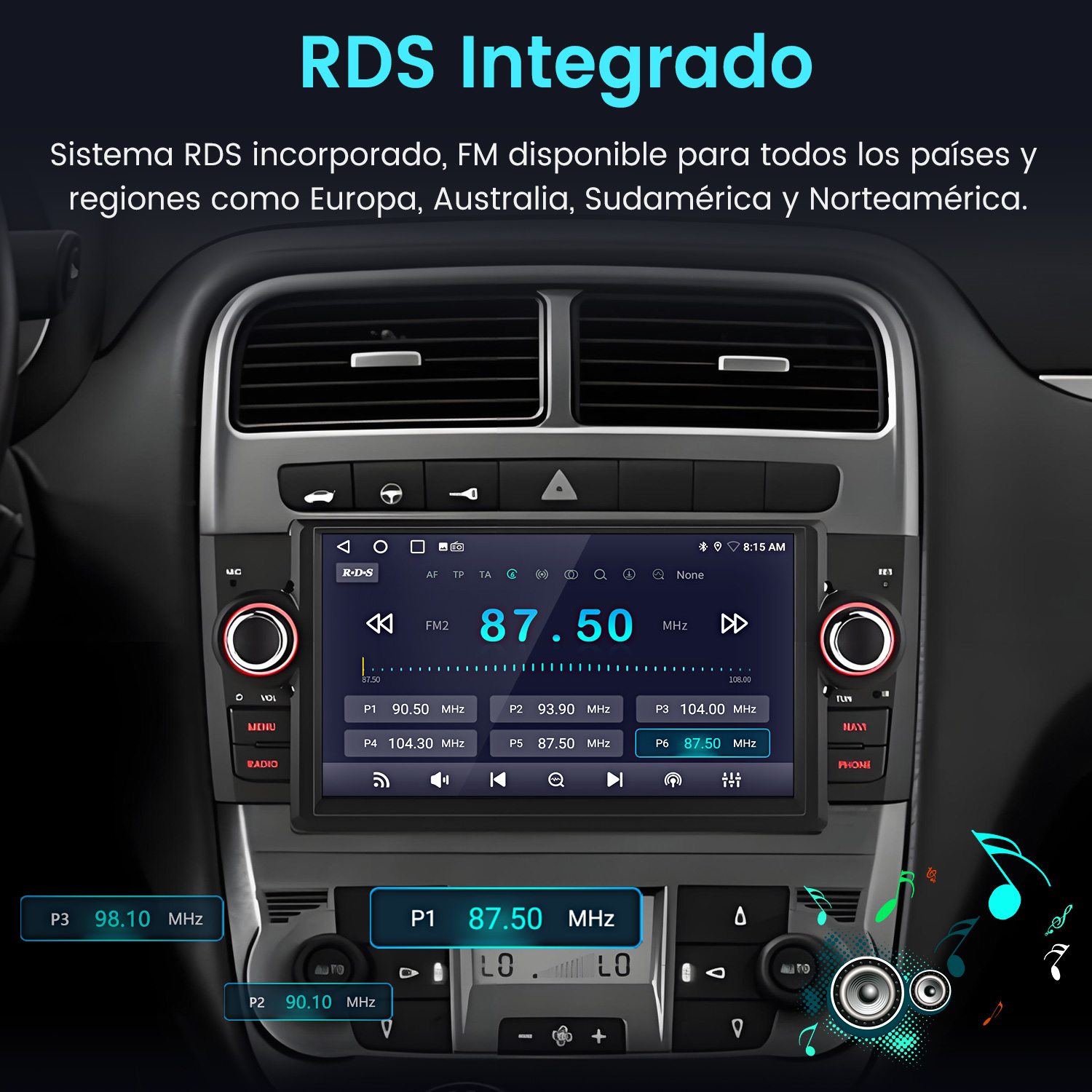 Radio de coche con pantalla que muestra 87,50 MHz. El radio tiene RDS y FM para varias regiones. Se ve el interior del coche.