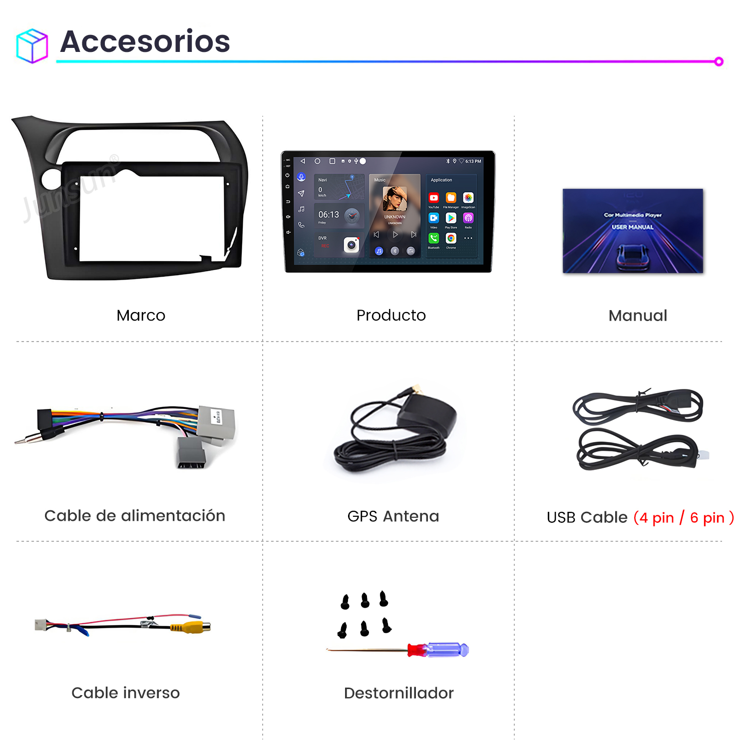 La imagen muestra accesorios para automóviles: un marco, una pantalla de producto, un manual, cables, antena GPS, cable USB, cable de cámara trasera y un destornillador.