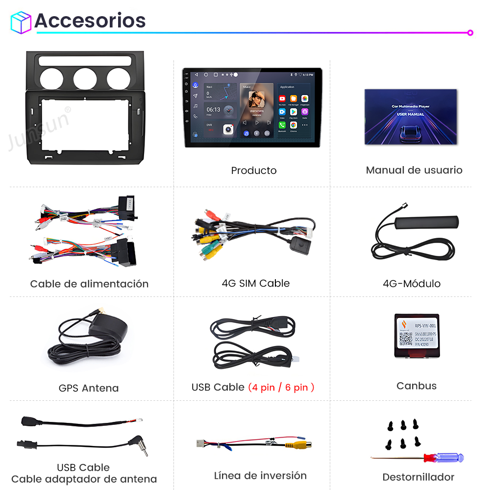 La imagen muestra accesorios para automóviles, incluyendo una pantalla, cables, antena y un destornillador. Los artículos están etiquetados en español.