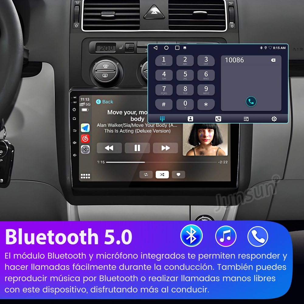Panel del coche mostrando una interfaz de reproductor de música y un marcador. El texto indica las capacidades de Bluetooth 5.0 para llamadas y música.
