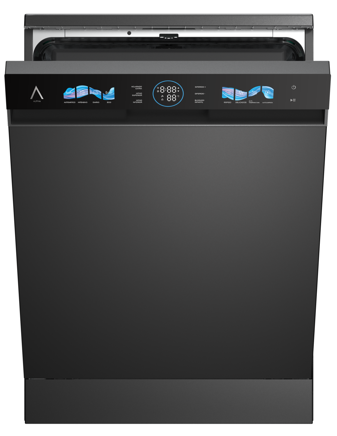 Un lavavajillas negro con la puerta abierta. Tiene una pantalla digital y varias opciones de programa.