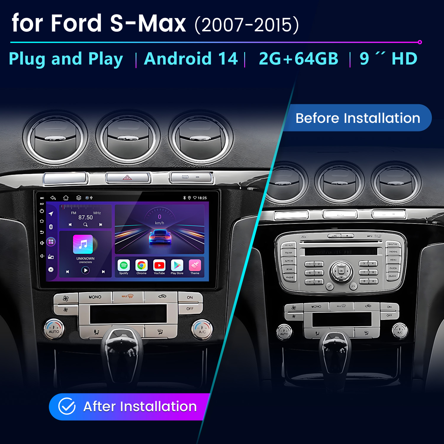 Comparación del salpicadero del coche: antes y después de instalar un nuevo sistema Android. El nuevo sistema muestra una interfaz colorida.