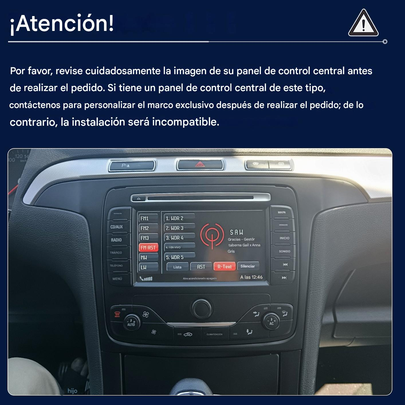 Panel de control del coche con controles de radio, clima y pantalla. Texto: '¡Atención!' e 'incompatible'.