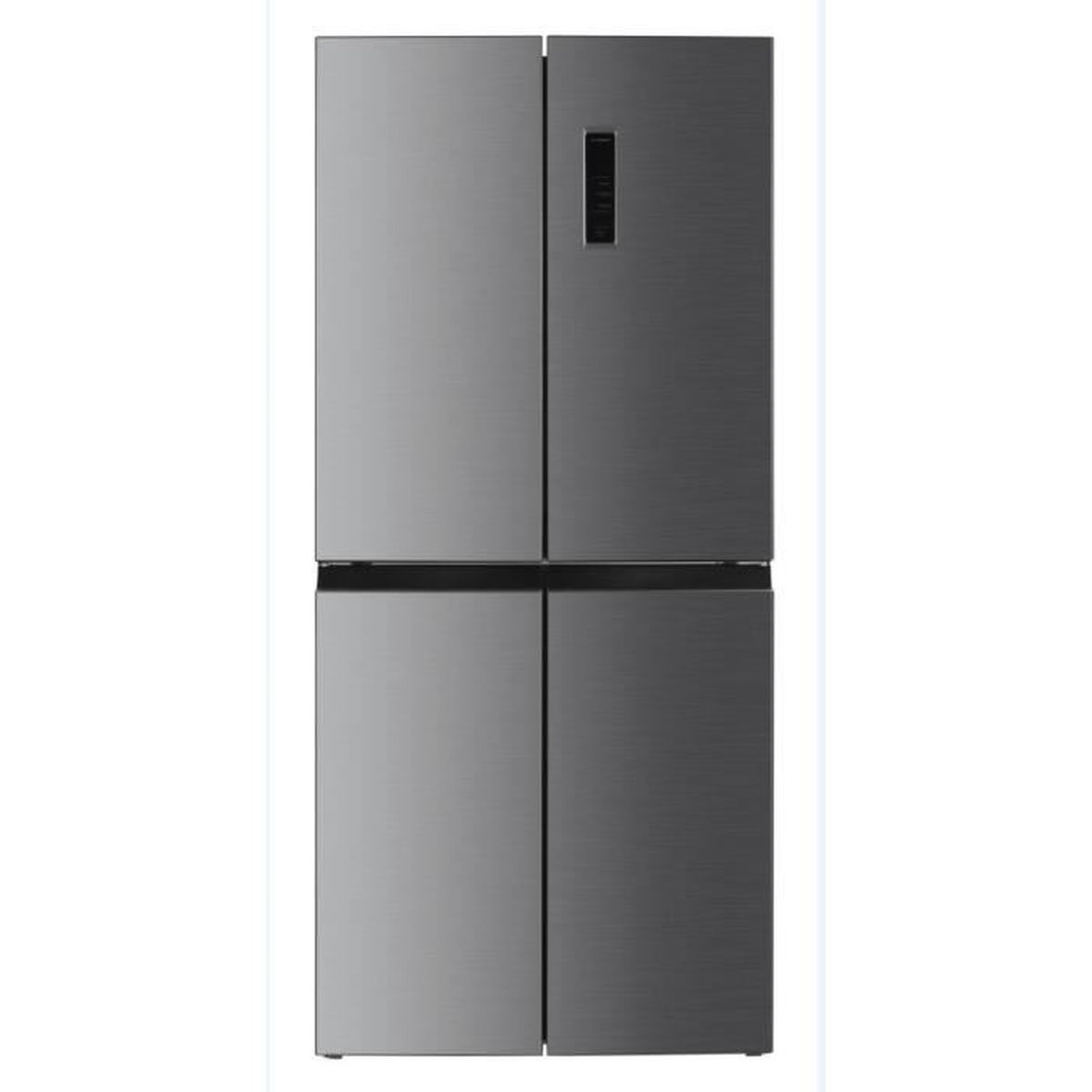 Ein moderner Kühlschrank mit vier Türen. Die oberen Türen sind silbergrau, die unteren sind dunkelgrau.