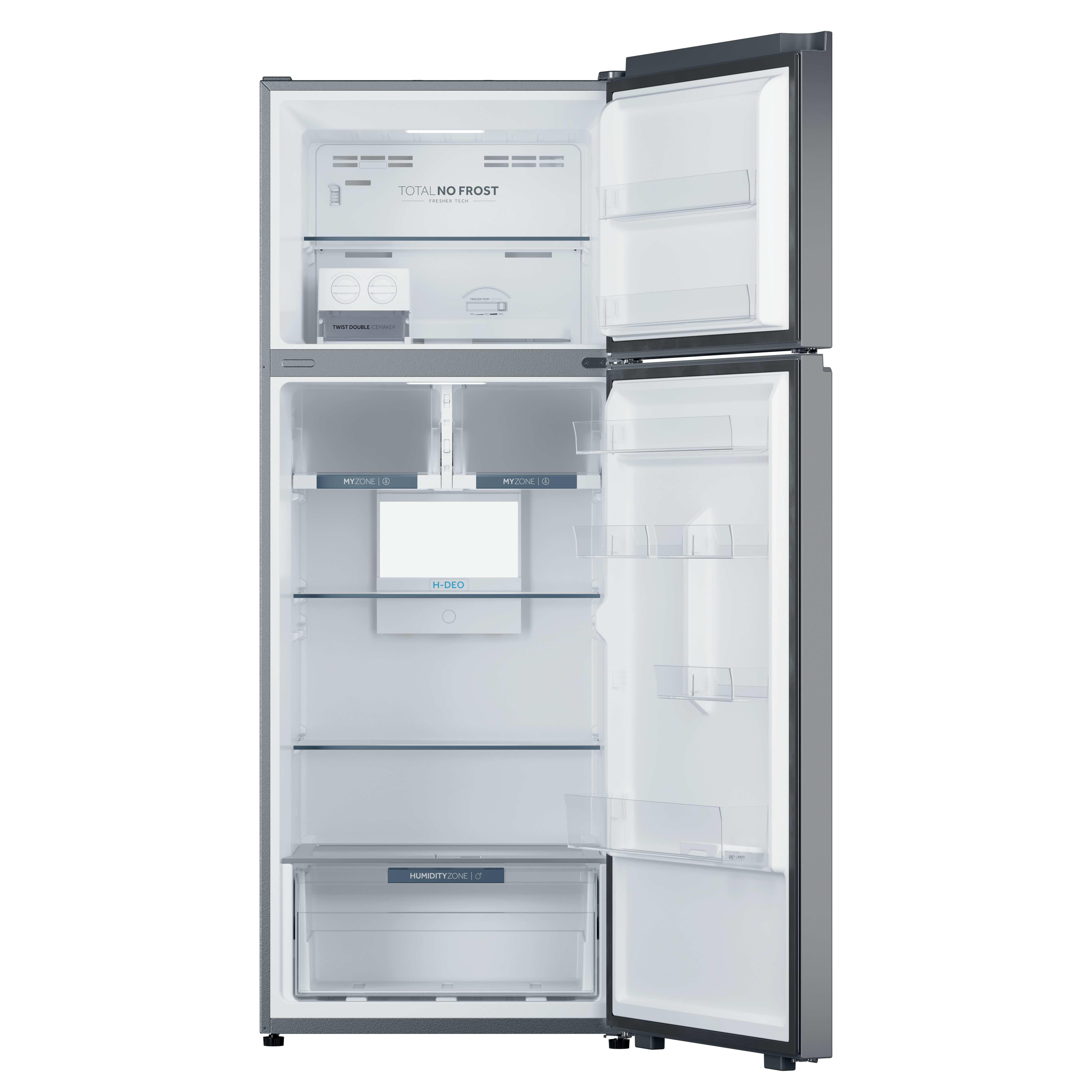 Ein grauer Kühlschrank mit geöffneten Türen, der Regale, Schubladen und Beschriftungen wie 'Total No Frost' zeigt.