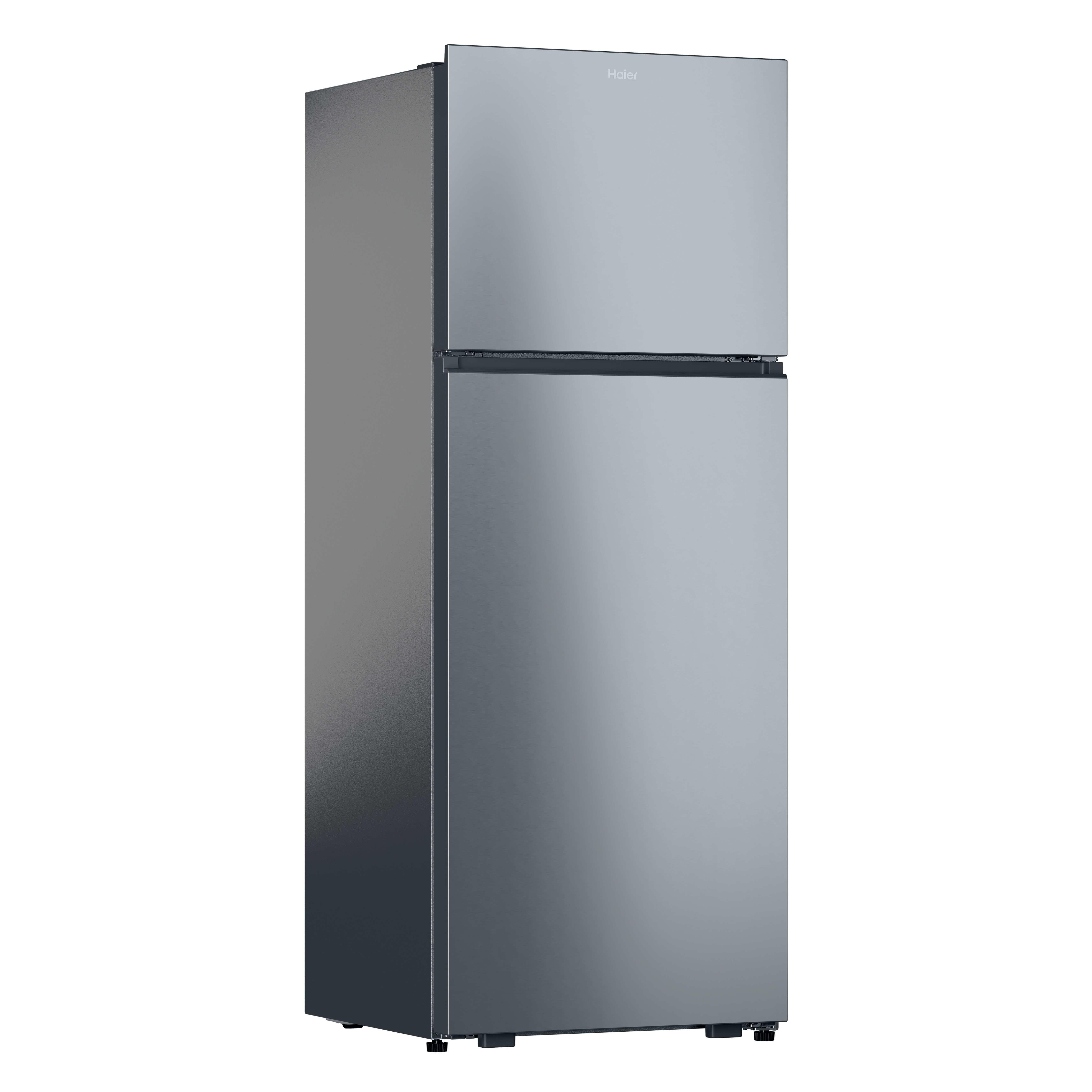 Ein zweitüriger Haier-Kühlschrank. Der obere Teil ist kleiner. Die Farbe ist grau.