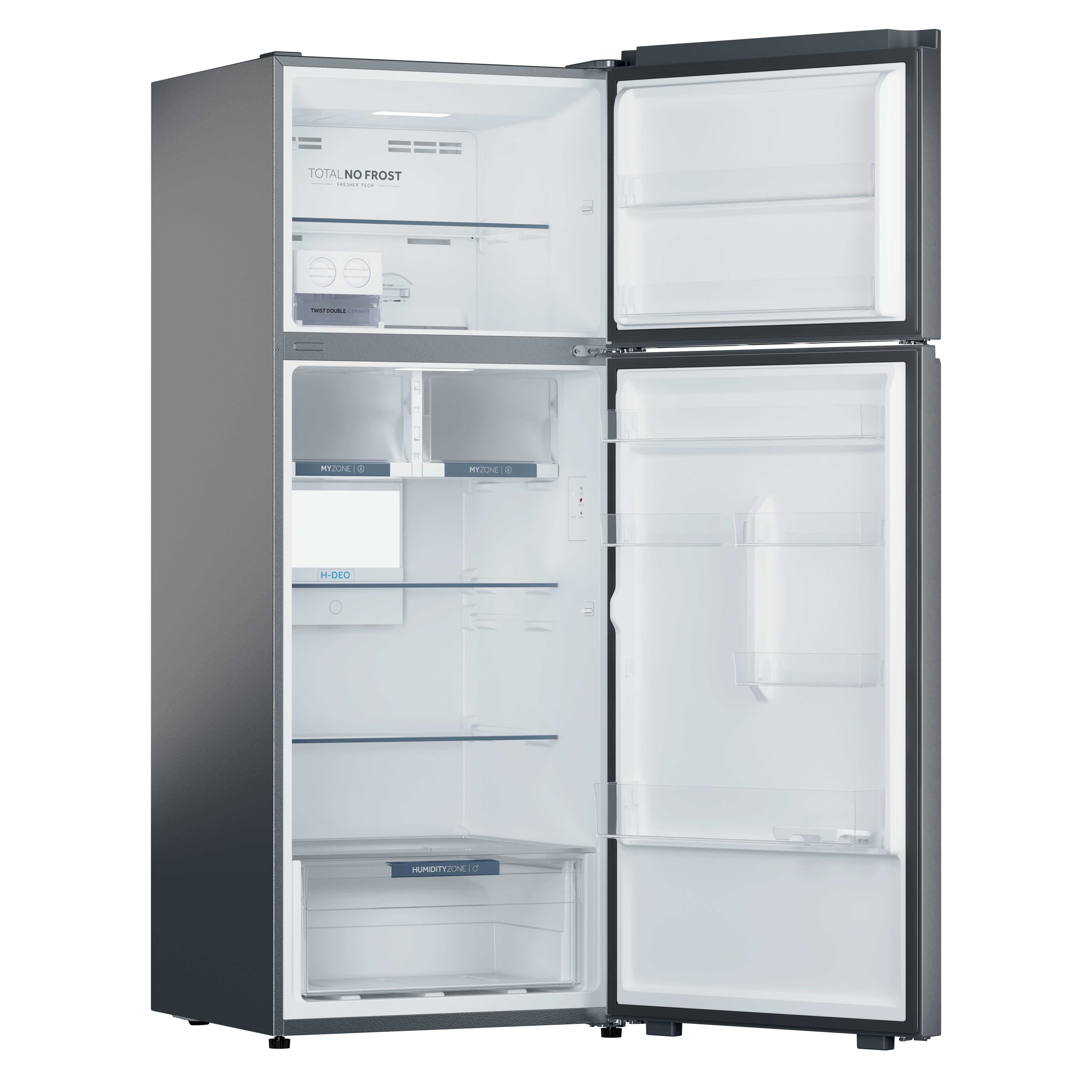 Ein grauer Kühlschrank mit geöffneten Türen. Im Inneren sind Regale, Schubladen und Etiketten wie 'My Zone' und 'Humidity Zone' zu sehen.