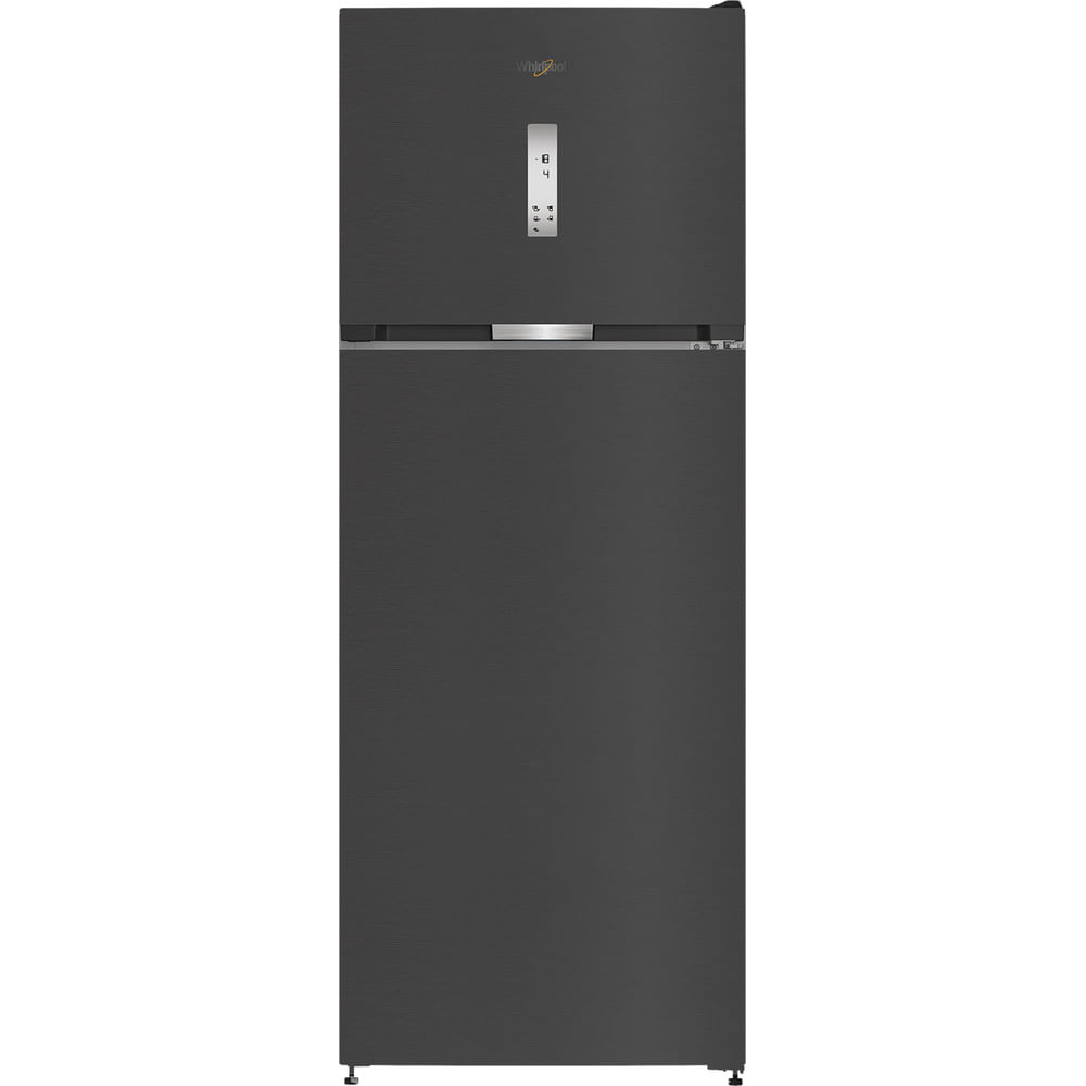 Dunkelgrauer Whirlpool-Kühlschrank mit oberem Gefrierfach und Bedienfeld an der Tür, vor weißem Hintergrund.