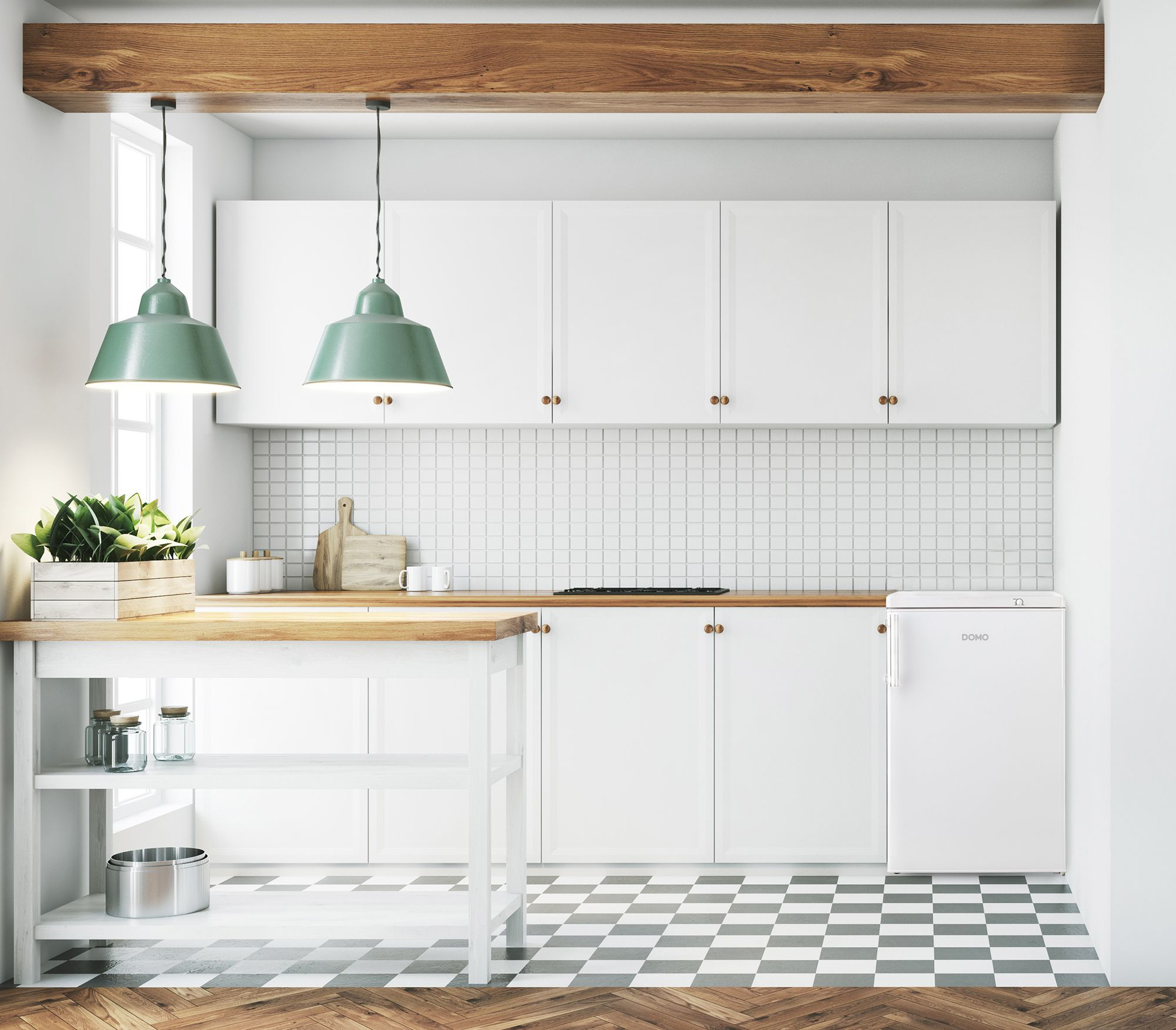 Cuisine avec placards blancs, plan de travail en bois, lampes vertes et sol en damier.