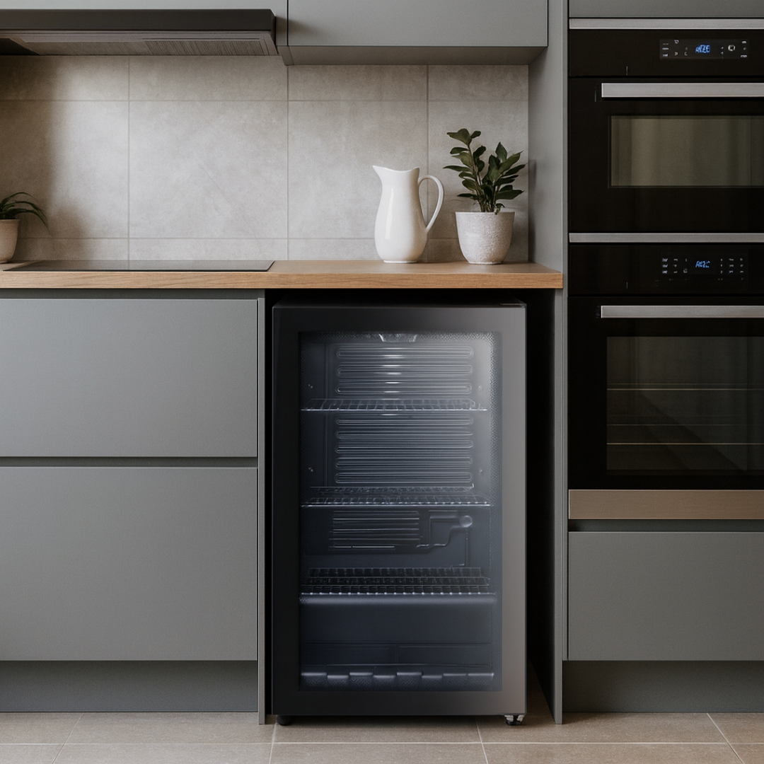 Een keukenscène met een wijnkoeler, oven en kasten. Een witte kan en een plant staan op het aanrecht.