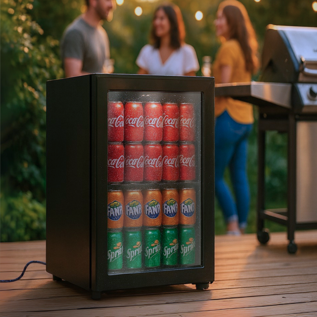 Een kleine zwarte koelkast is gevuld met Coca-Cola, Fanta en Sprite blikjes. Mensen zijn wazig op de achtergrond, in de buurt van een grill.