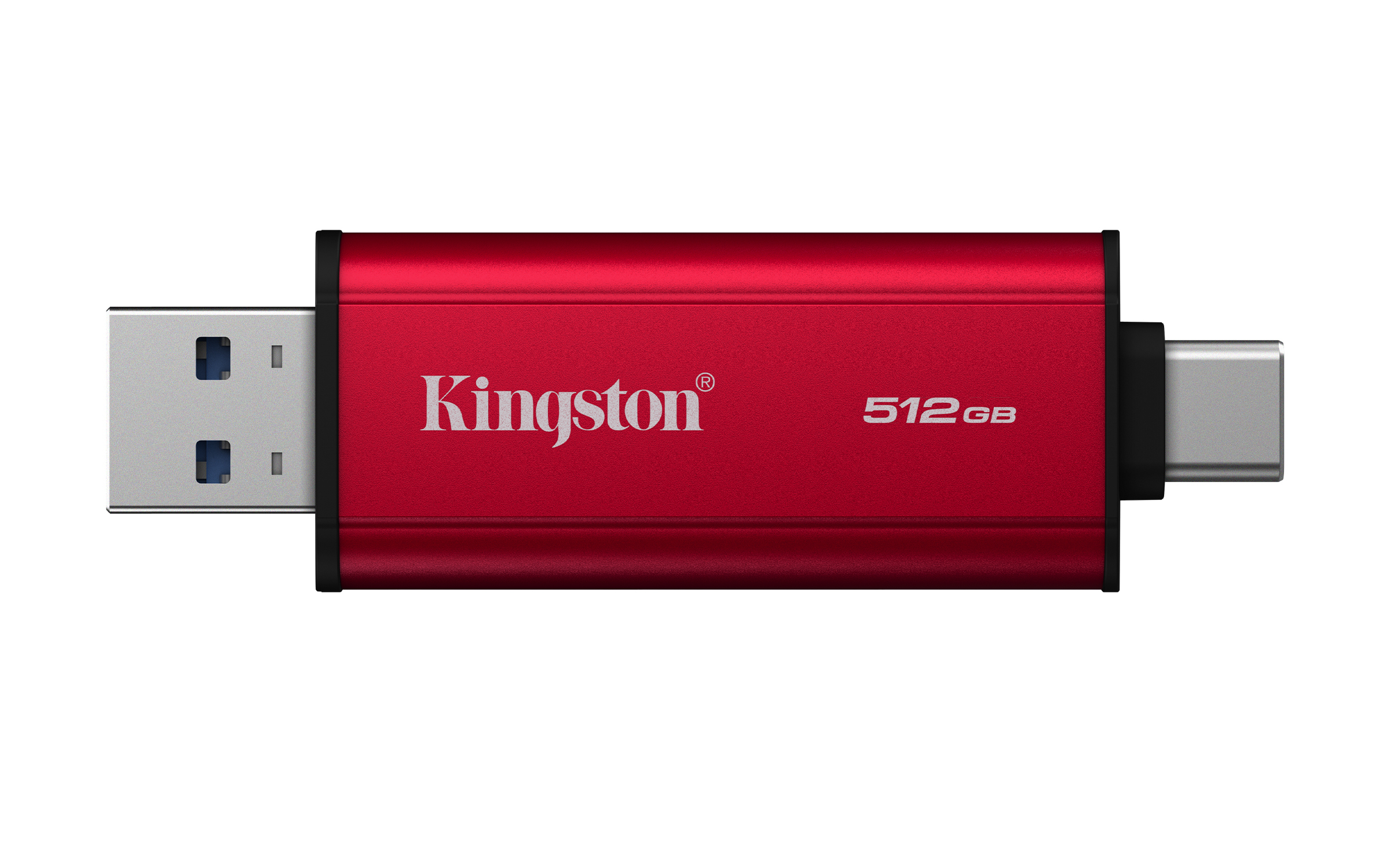 Un'unità USB Kingston rossa con connettori argentati. L'unità mostra 'Kingston' e '512 GB'.