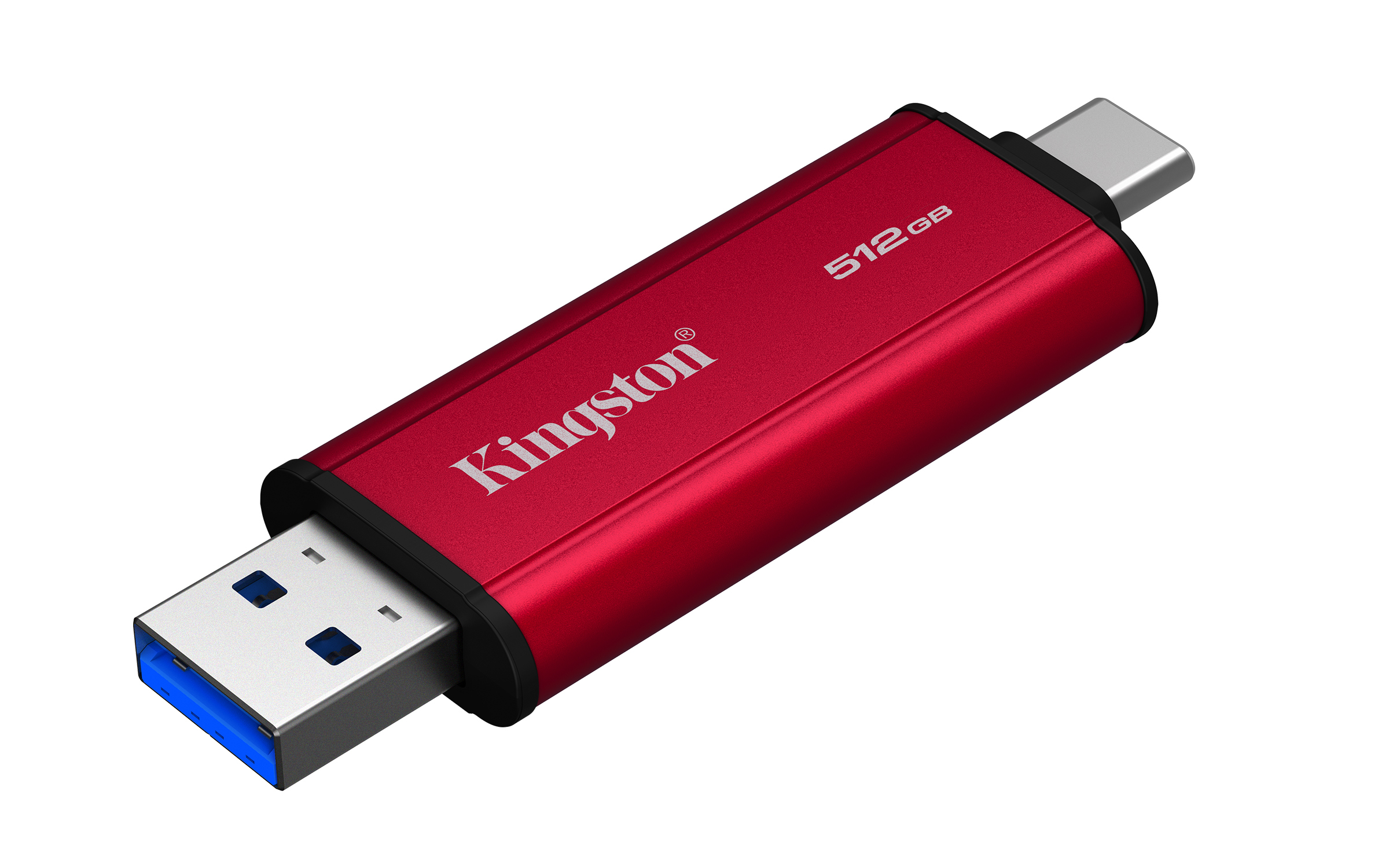 Chiavetta USB Kingston rossa da 512 GB. Ha un connettore USB-A e USB-C. Il marchio è visibile.
