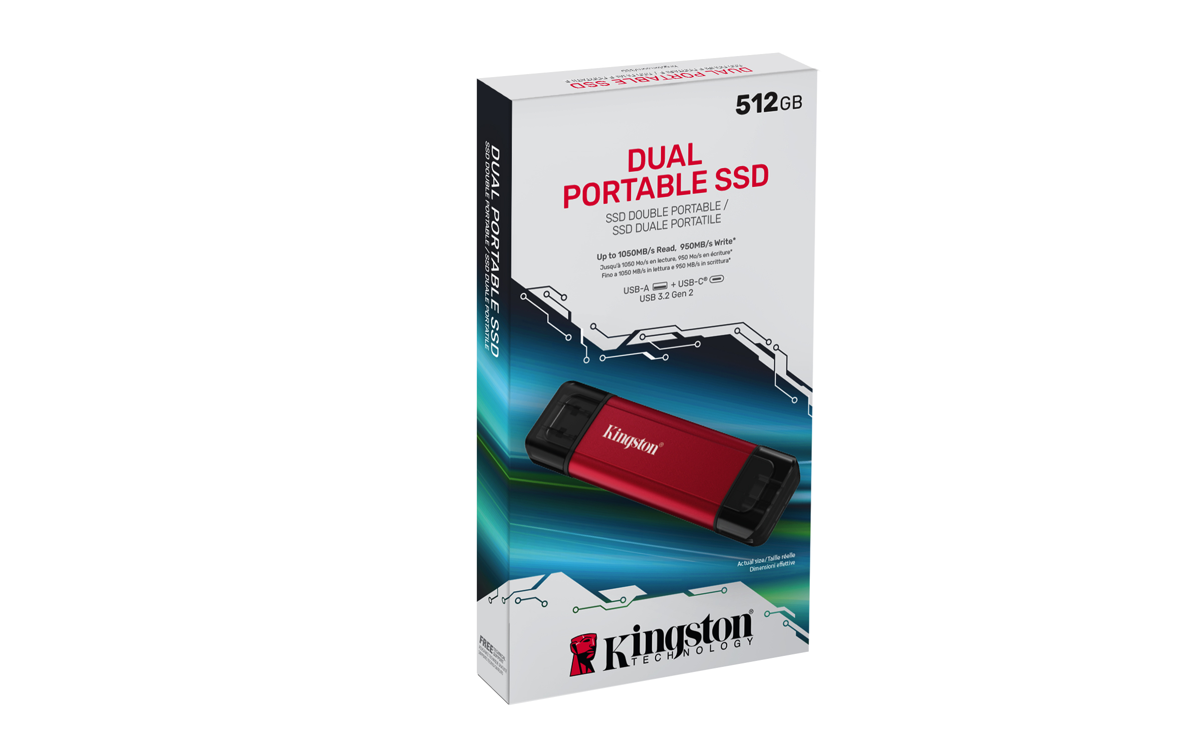 Una scatola SSD portatile dual Kingston. SSD rosso davanti, testo in bianco e blu. 512 GB. Logo Kingston.