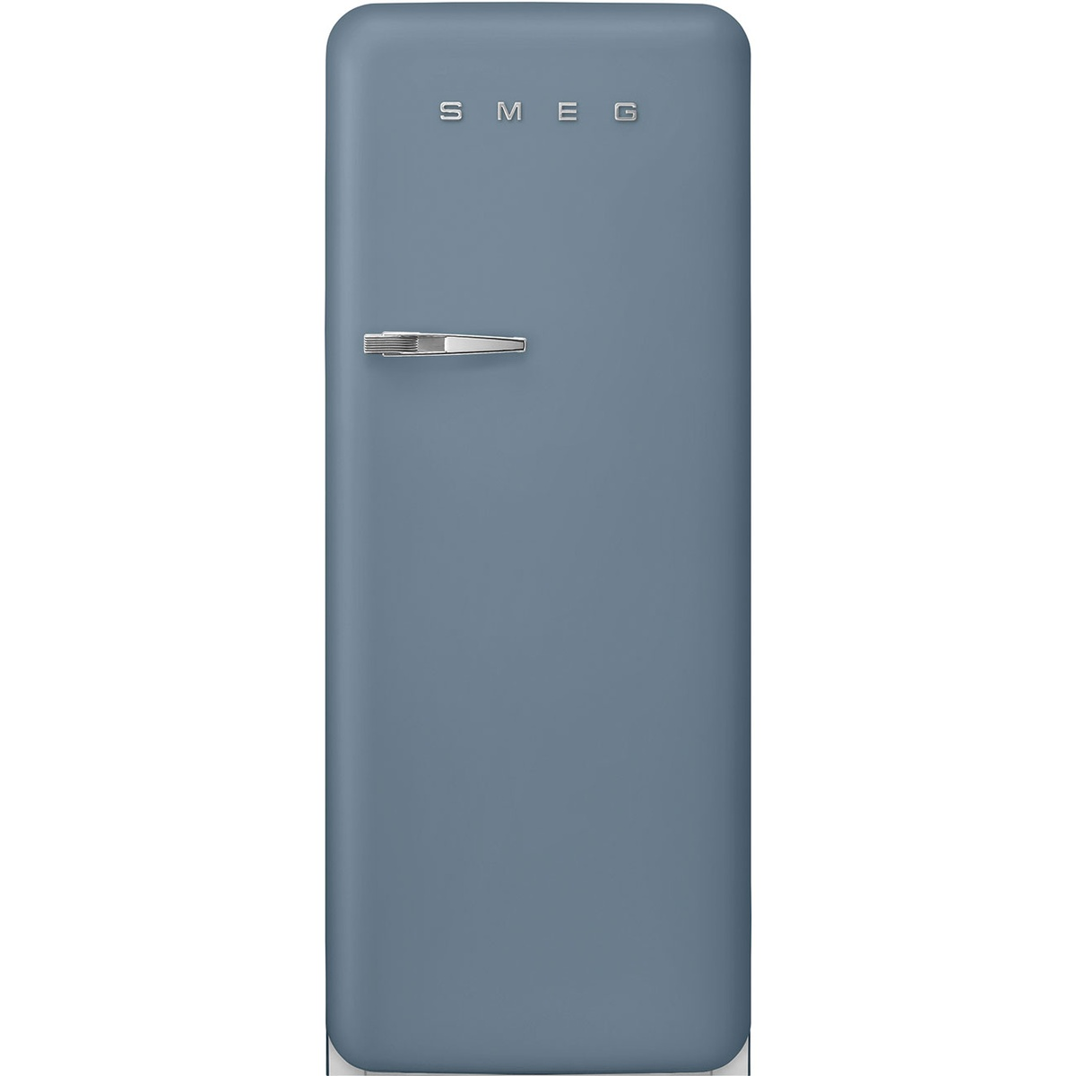 Ein blauer SMEG-Kühlschrank. Er hat einen silbernen Griff und das SMEG-Logo oben. Der Hintergrund ist weiß.