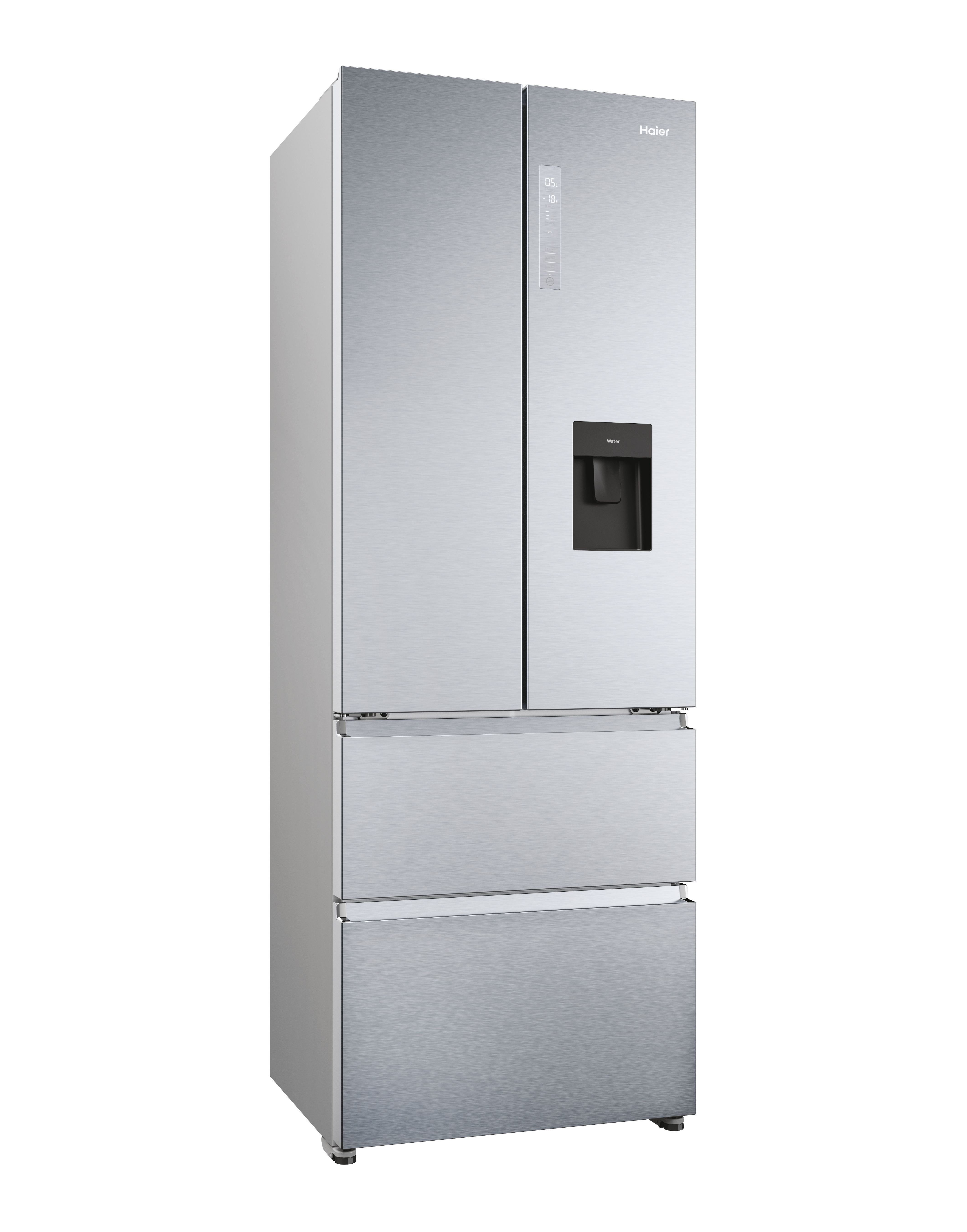 Un frigorifero Haier in acciaio inox con quattro porte. Ha un distributore d'acqua e un display digitale.