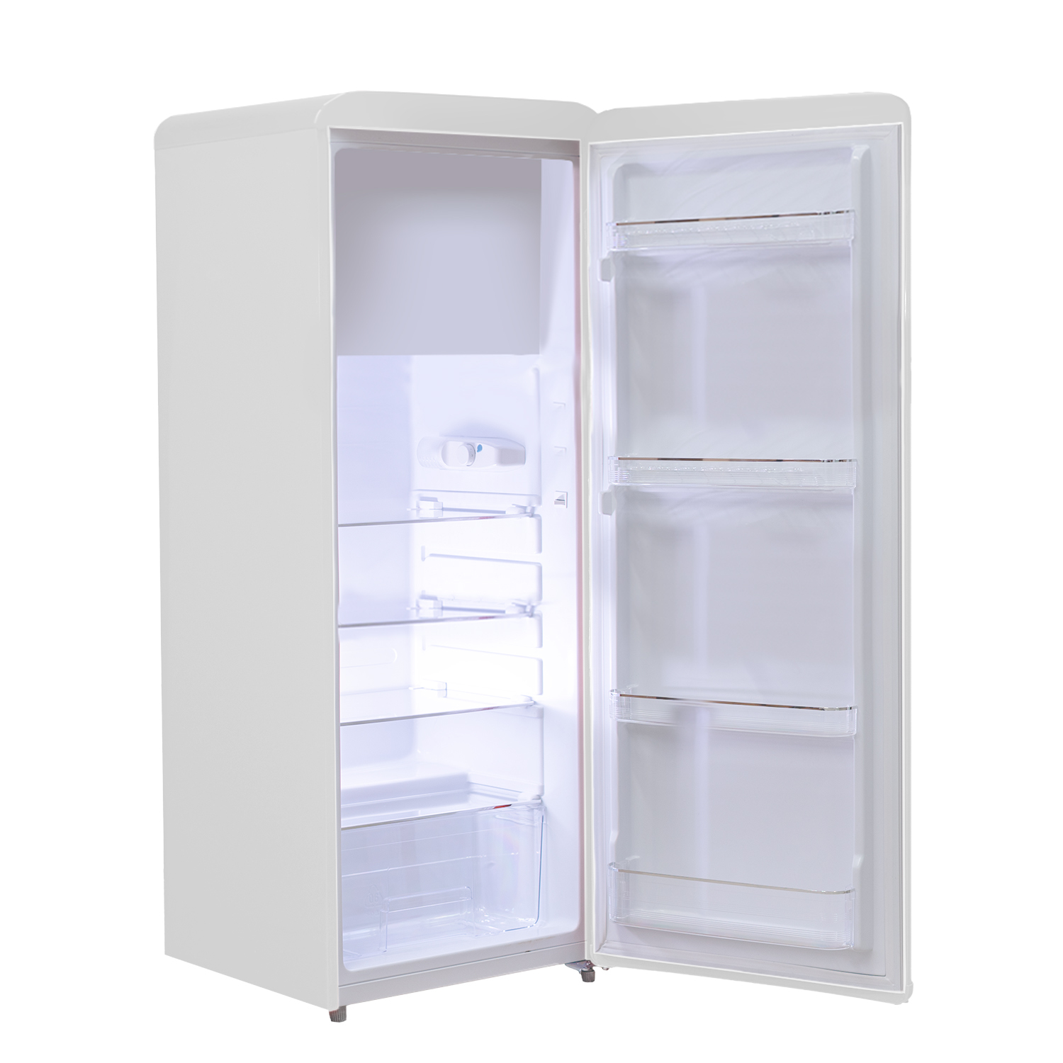 Un frigorifero bianco con la porta aperta. L'interno ha ripiani e contenitori trasparenti. È vuoto e pulito.