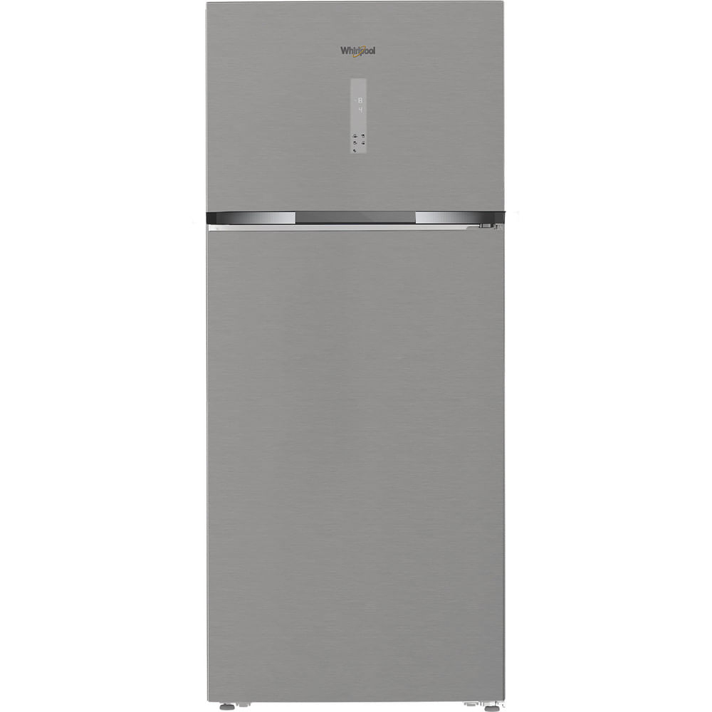 Un frigorifero Whirlpool grigio. Ha due sezioni, un congelatore superiore e un frigorifero inferiore, con display digitale.