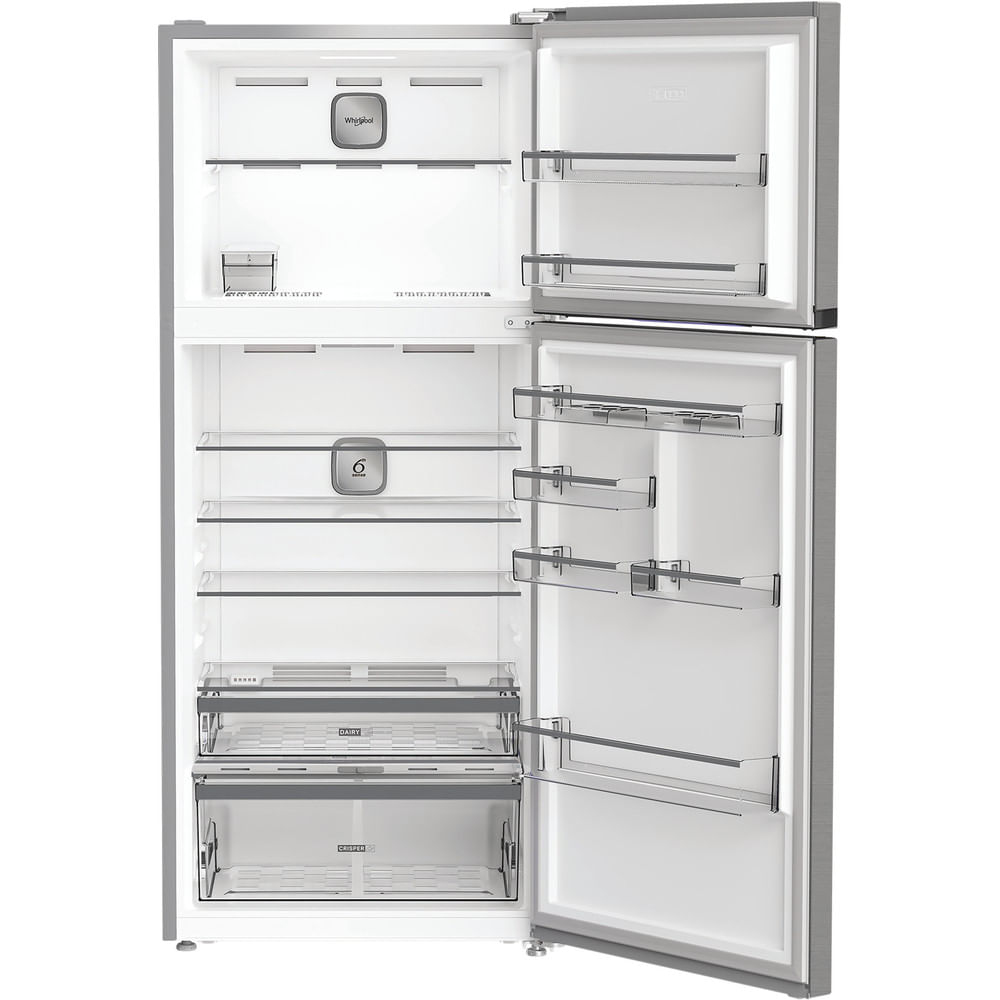 Un frigorifero bianco con le porte aperte. L'interno rivela ripiani, cassetti e il logo Whirlpool. La porta destra è aperta.