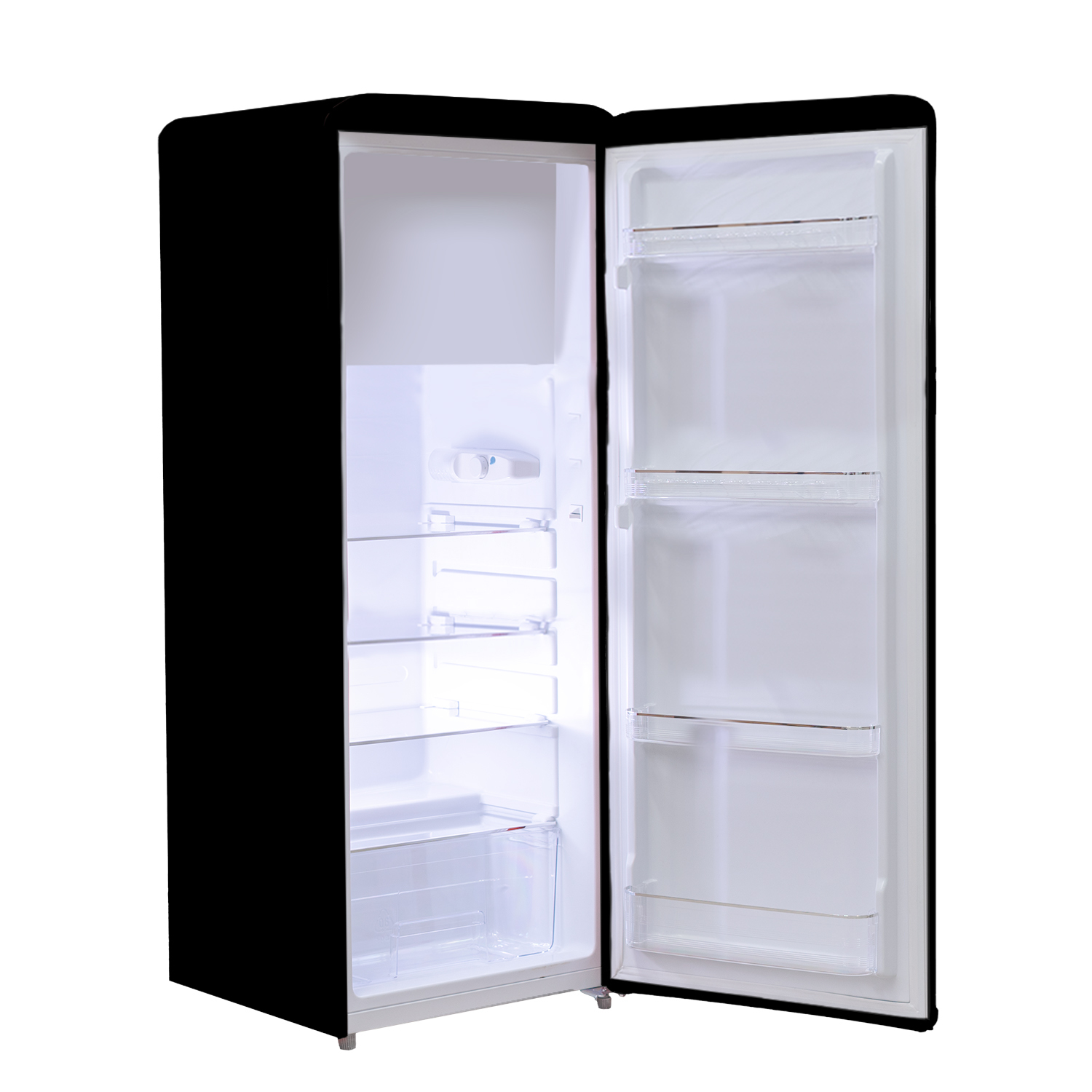 Un frigorifero nero con la porta aperta. All'interno, sono visibili ripiani e scomparti. L'interno è bianco, illuminato.