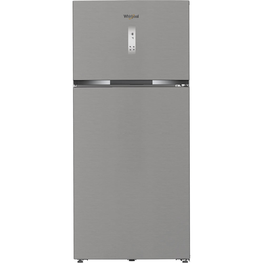 Un frigorifero Whirlpool argentato. Ha due sezioni, con un display digitale sulla porta superiore. La superficie ha una texture in metallo spazzolato.