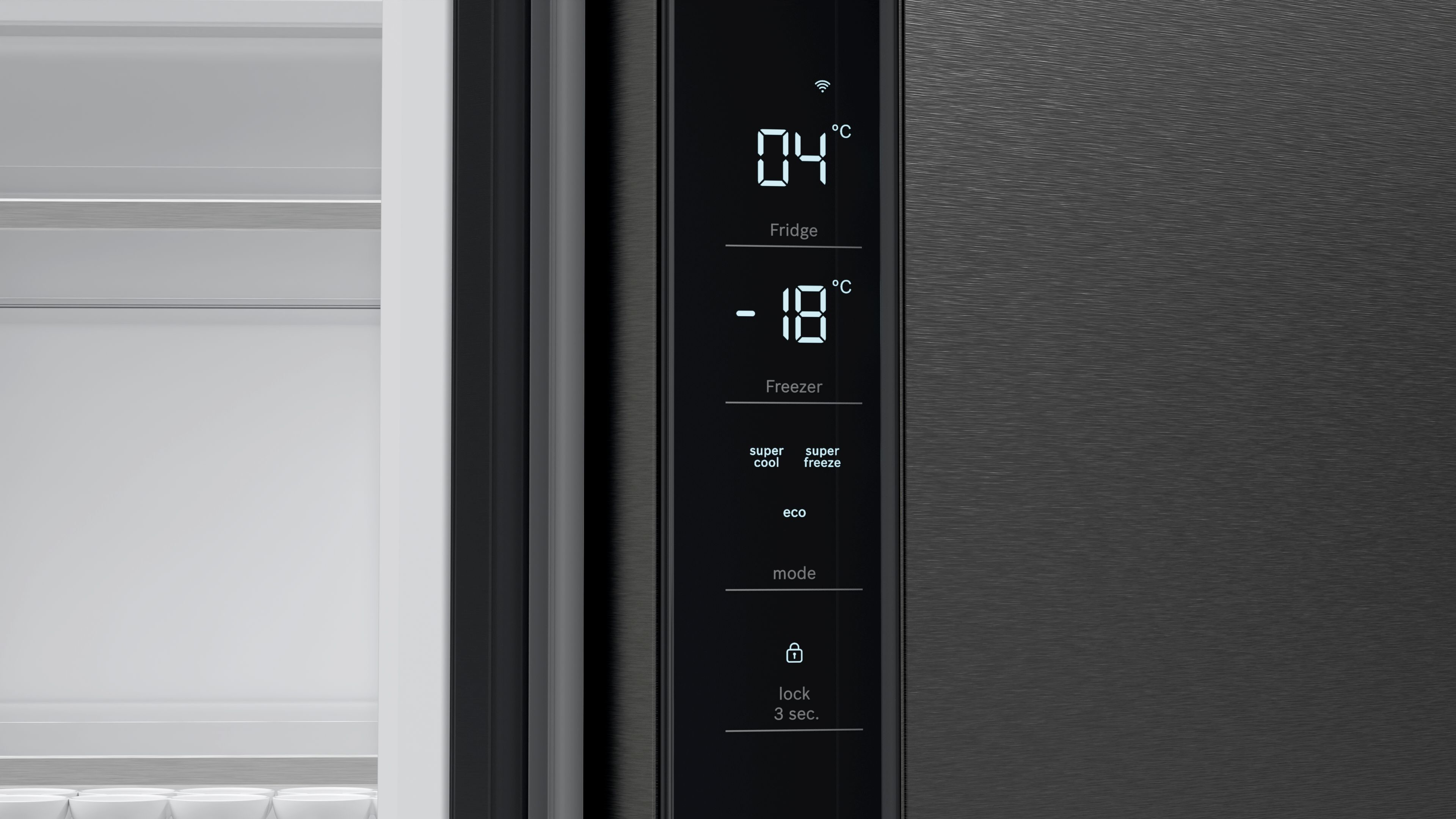 Close-up van een bedieningspaneel van een koelkast. Toont koelkast op 4°C, vriezer op -18°C en opties zoals super koel.