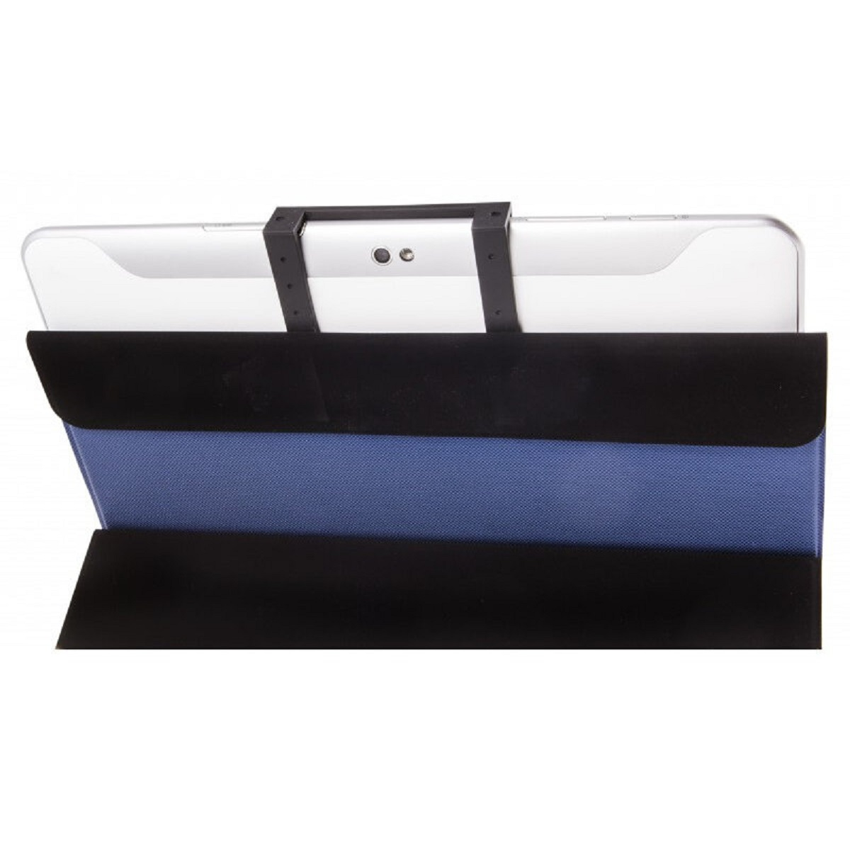 Una tableta en una funda azul y negra. La tableta está sujeta por un soporte negro. La funda está abierta.