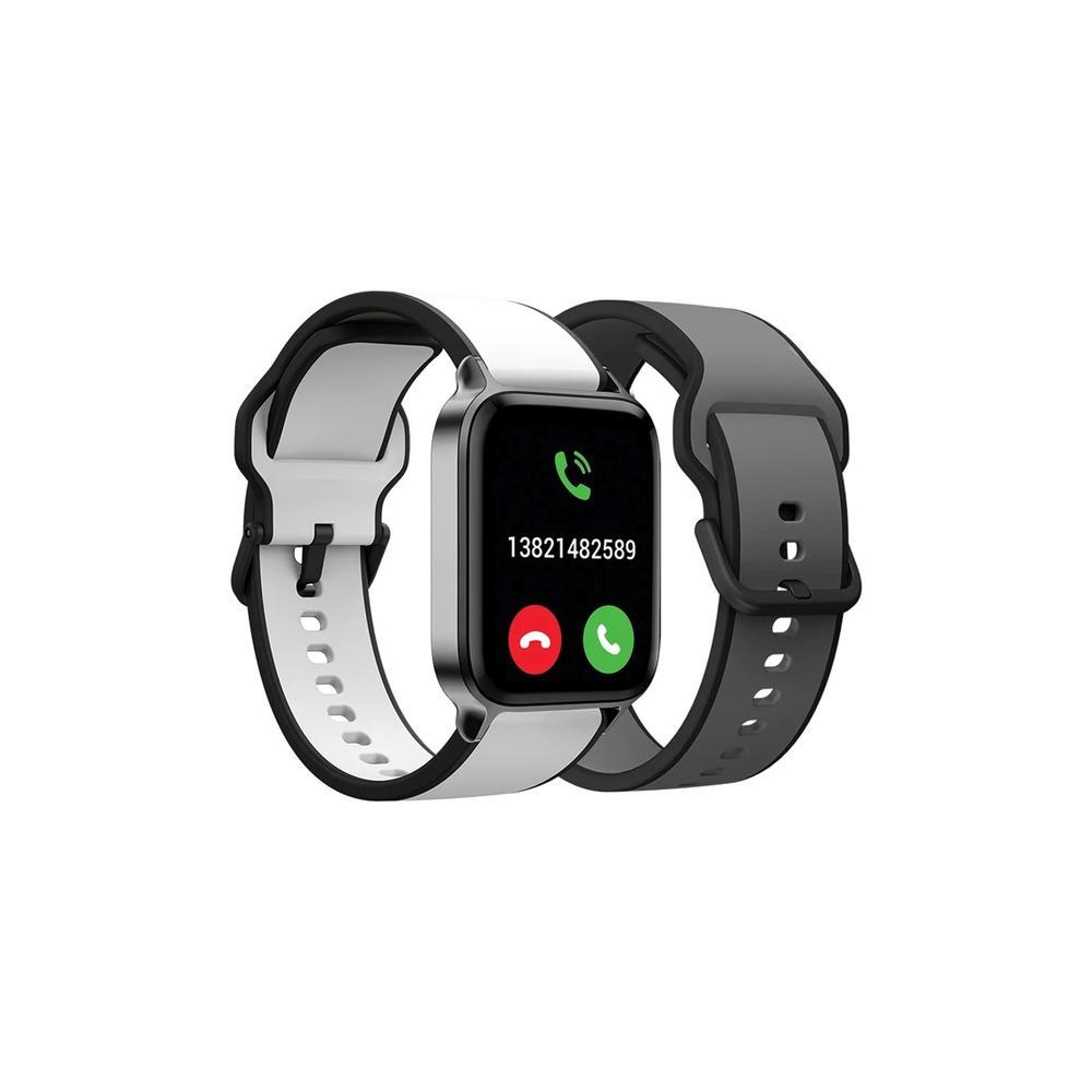 Un reloj inteligente muestra una llamada entrante desde un número de teléfono. Se ven dos correas: blanca y negra con una gris.