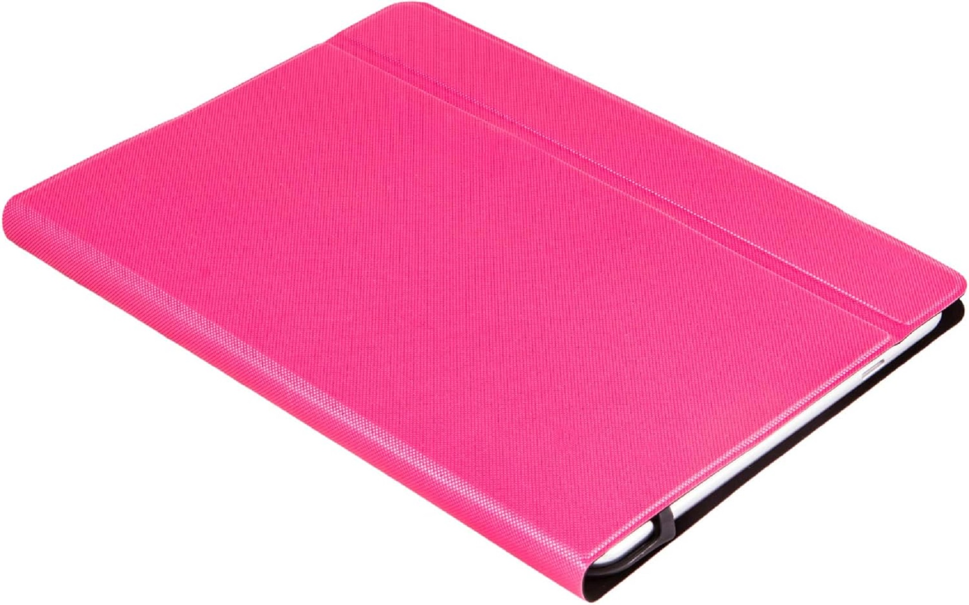 Se muestra una funda rosa para tableta. La funda está abierta, revelando el borde de la tableta.