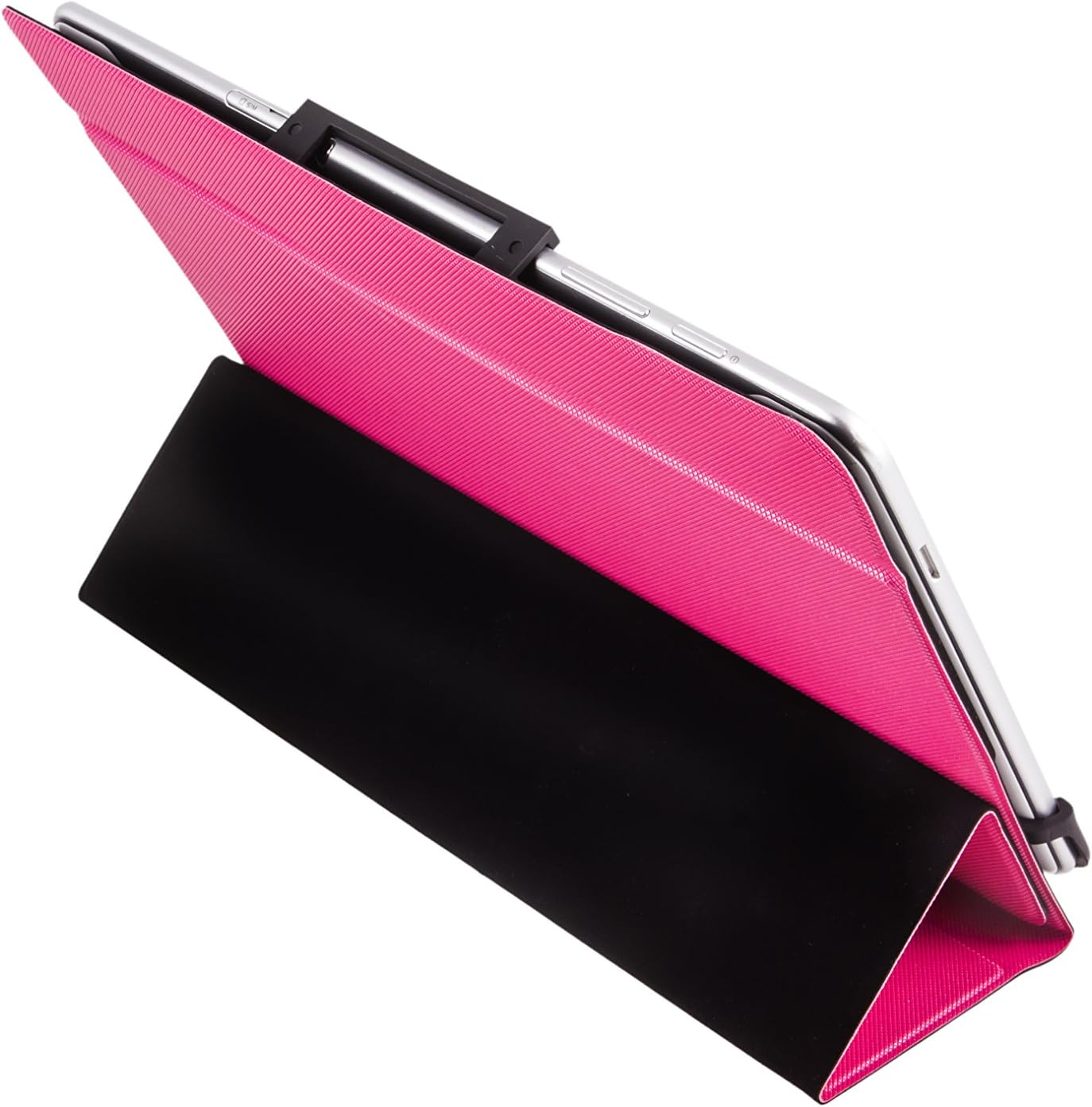 Una tableta en una funda rosa y negra. La tableta es plateada. La funda está abierta, mostrando el interior rosa y el exterior negro.