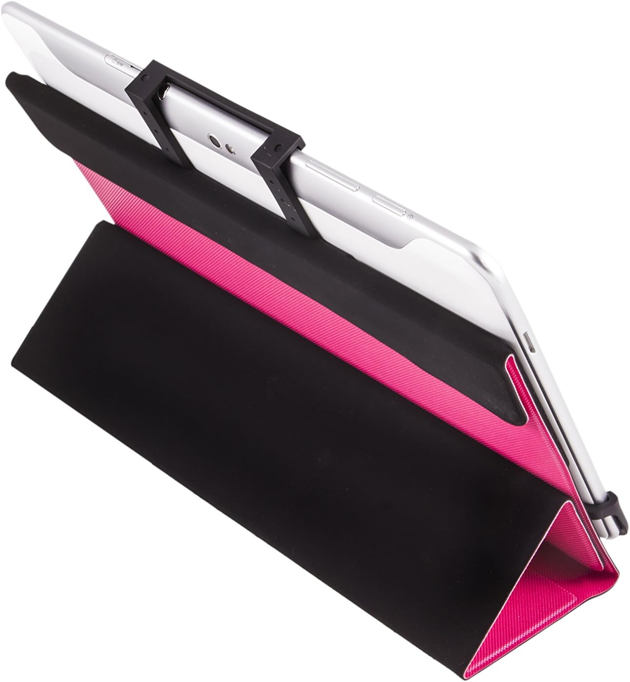 Una tableta en una funda negra y rosa. La tableta es plateada. La funda está en ángulo, mostrando el interior rosa.