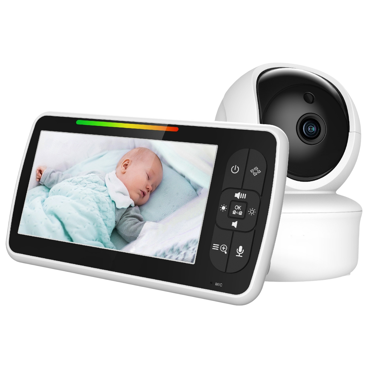 Ein Babyphone zeigt ein schlafendes Baby auf dem Bildschirm. Eine weiße Kamera befindet sich neben dem Monitor. Der Monitor hat Knöpfe.
