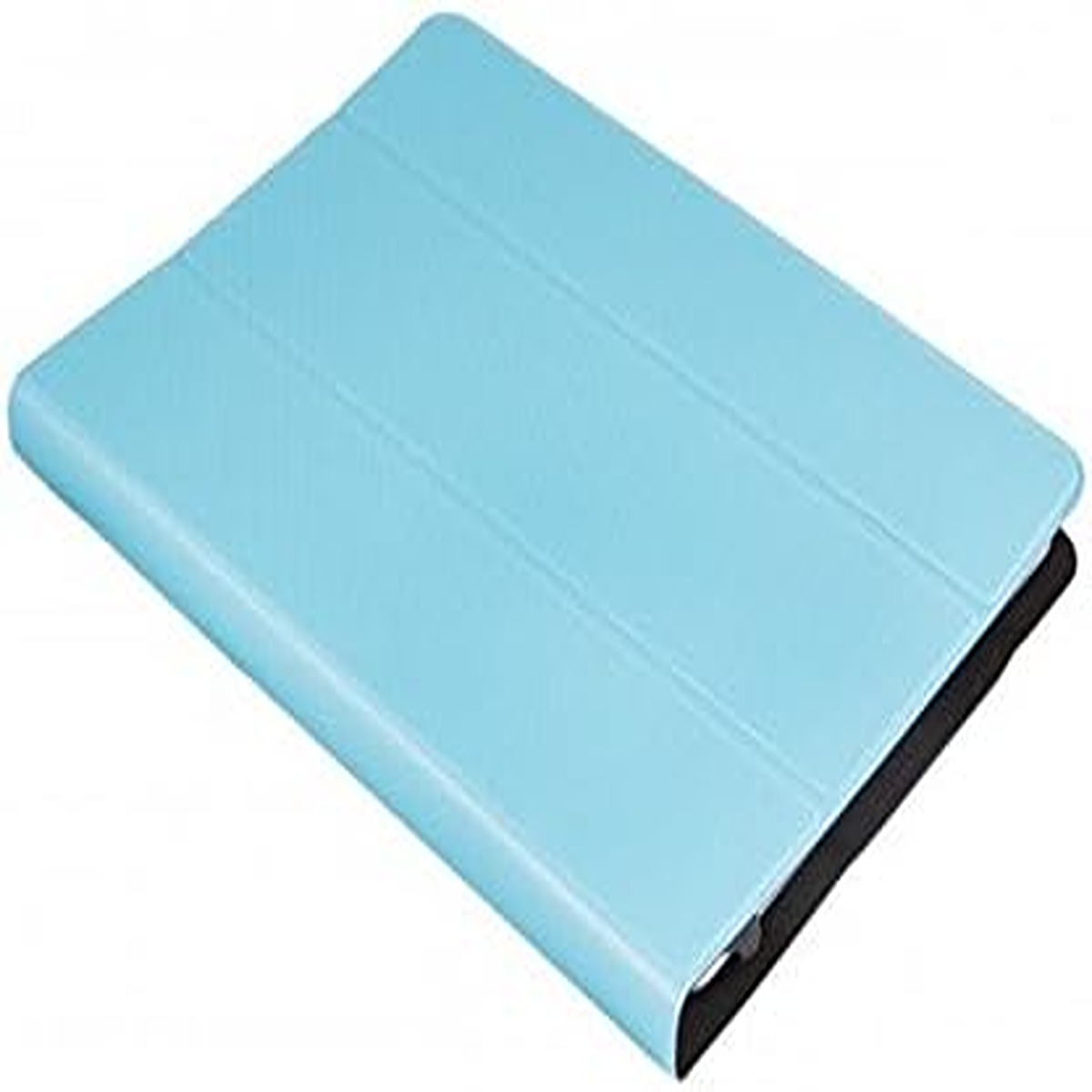 Una funda de tableta azul claro está parcialmente abierta, revelando un interior negro. La funda tiene tres hendiduras horizontales.