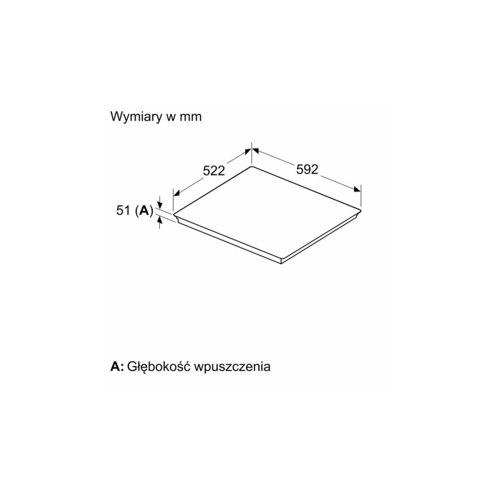 Schemat pokazuje wymiary w mm. Prostokąt o wymiarach 522 mm, 592 mm i 51 mm. Tekst: A: Głębokość wpuszczenia.