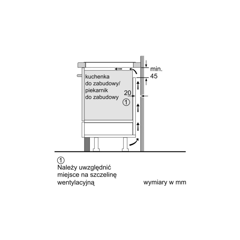 Schemat piekarnika do zabudowy z wymiarami i instrukcjami wentylacji. Strzałki wskazują przepływ powietrza i wymagania przestrzenne.