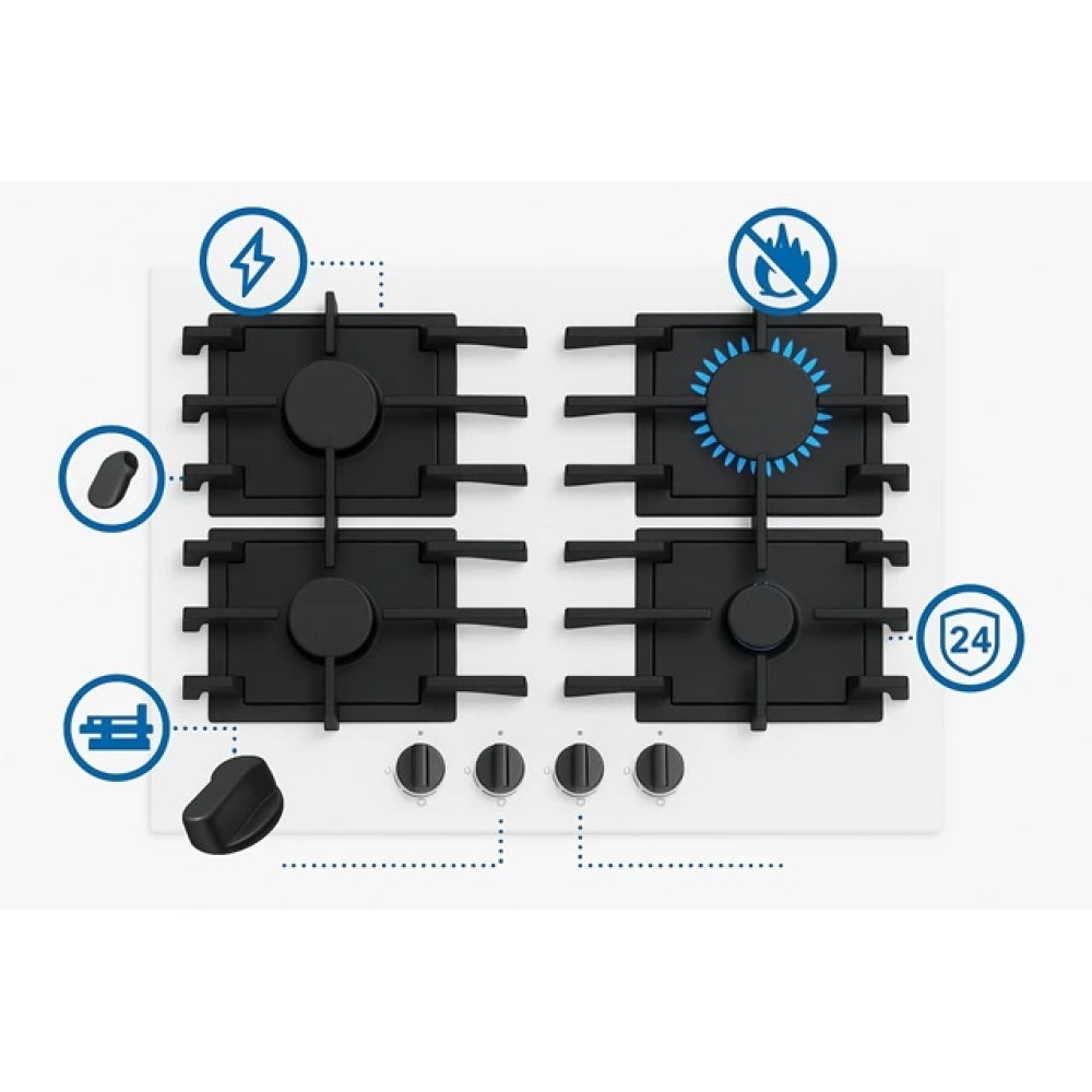 Biała płyta gazowa z czarnymi rusztami i pokrętłami. Symbol niebieskiego płomienia i inne ikony są obecne. Płyta jest czysta i nowoczesna.