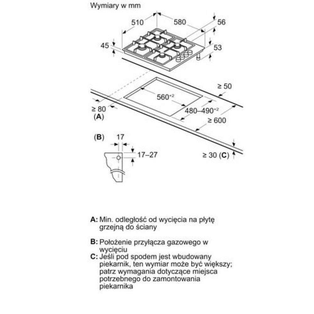 Schemat przedstawia wymiary w mm dla płyty gazowej z wymiarami wycięcia i uwagami dotyczącymi instalacji, w tym odległości i podłączenia gazu.