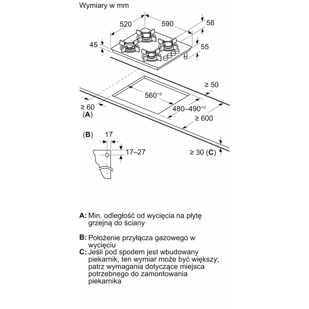 Schemat przedstawiający wymiary w mm dla instalacji płyty gazowej. Zawiera wymiary wycięć, odległości od ścian i podłączenie gazu.