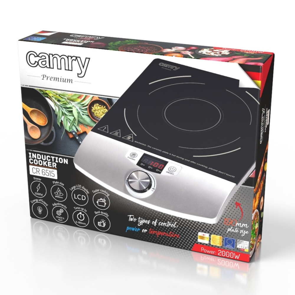 Pudełko czarnej płyty indukcyjnej ze srebrną podstawą. Tekst na pudełku to 'Camry' i 'Induction Cooker CR 6515'.