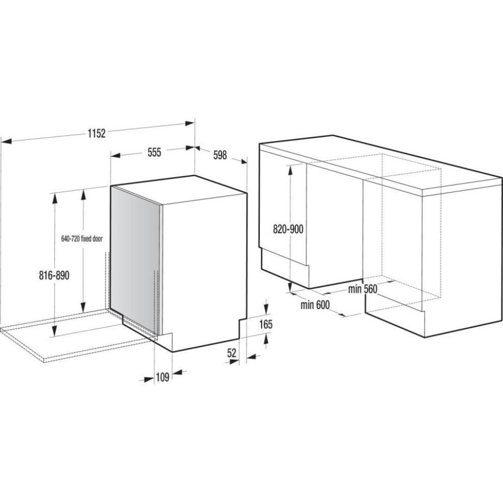 Schemat urządzenia do zabudowy z wymiarami w milimetrach. Pokazuje szafkę i urządzenie z różnymi wymiarami.