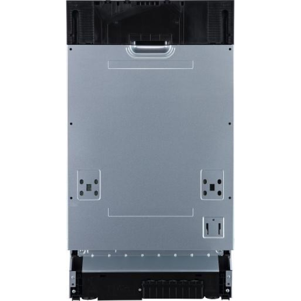 Widok z tyłu zmywarki. Głównie srebrny z czarnymi górnymi i dolnymi sekcjami. Posiada uchwyt, punkty montażowe i otwory wentylacyjne.