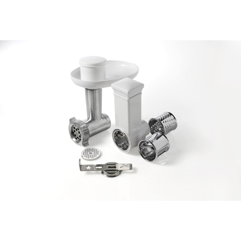 Różne części maszynki do mięsa są wyświetlane na białej powierzchni. Elementy obejmują stal nierdzewną, białe plastikowe części i ostrza.