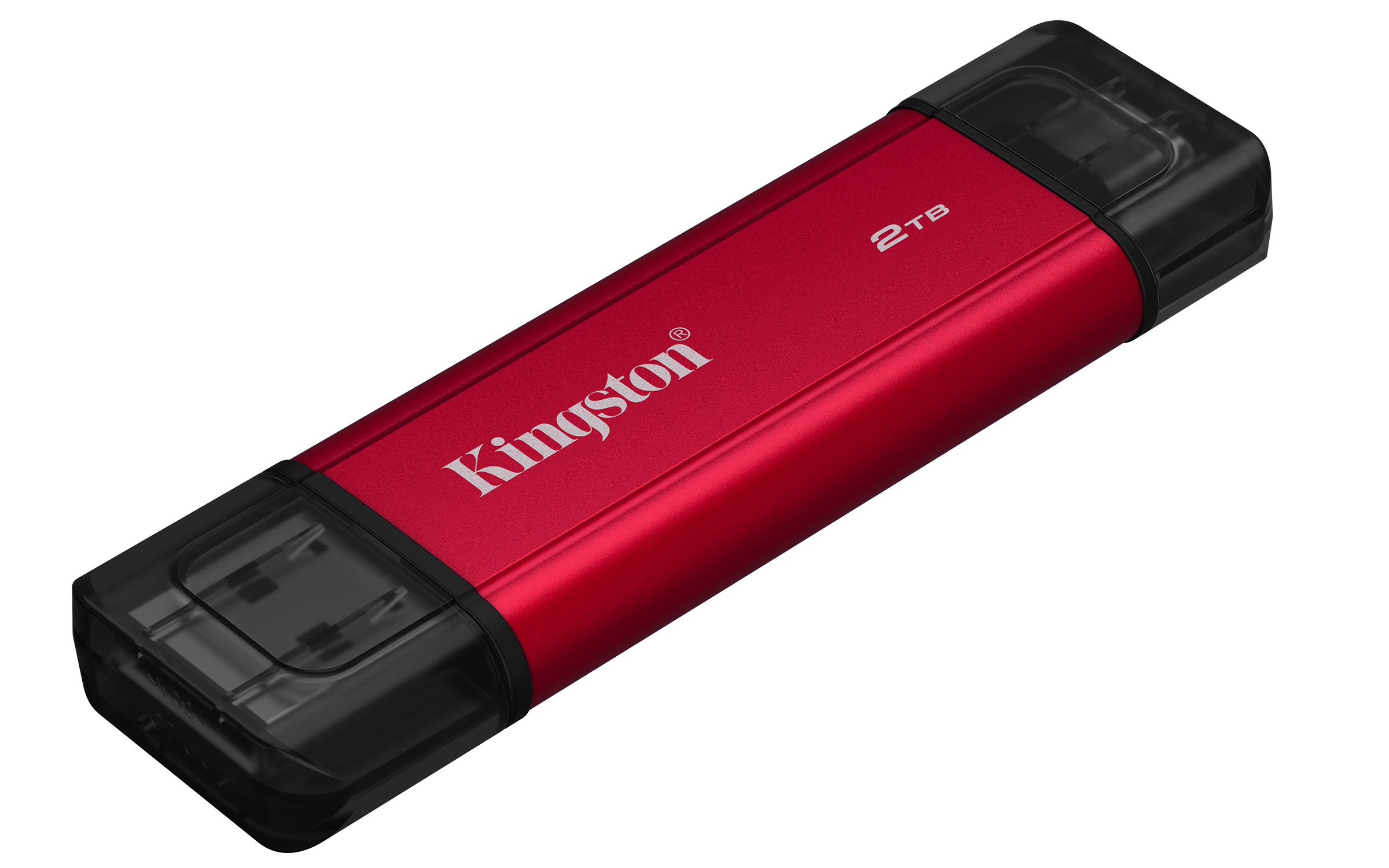 Ein roter Kingston 2TB USB-Stick. Er hat schwarze Kappen an beiden Enden. Das Kingston-Logo ist sichtbar.